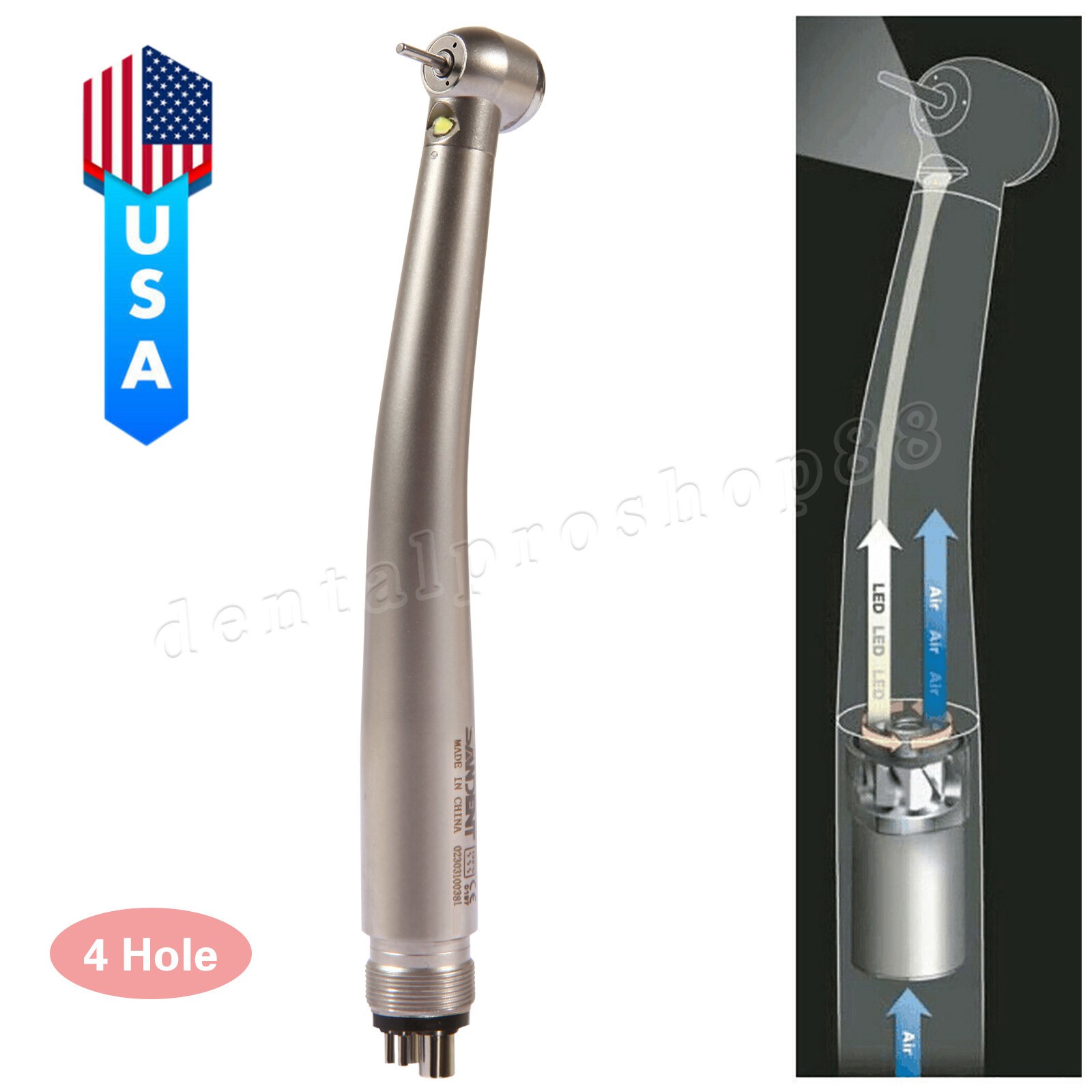 Dental Fiber Optic LED High Speed Handpiece 4Holes Internal triple spray fit Kav