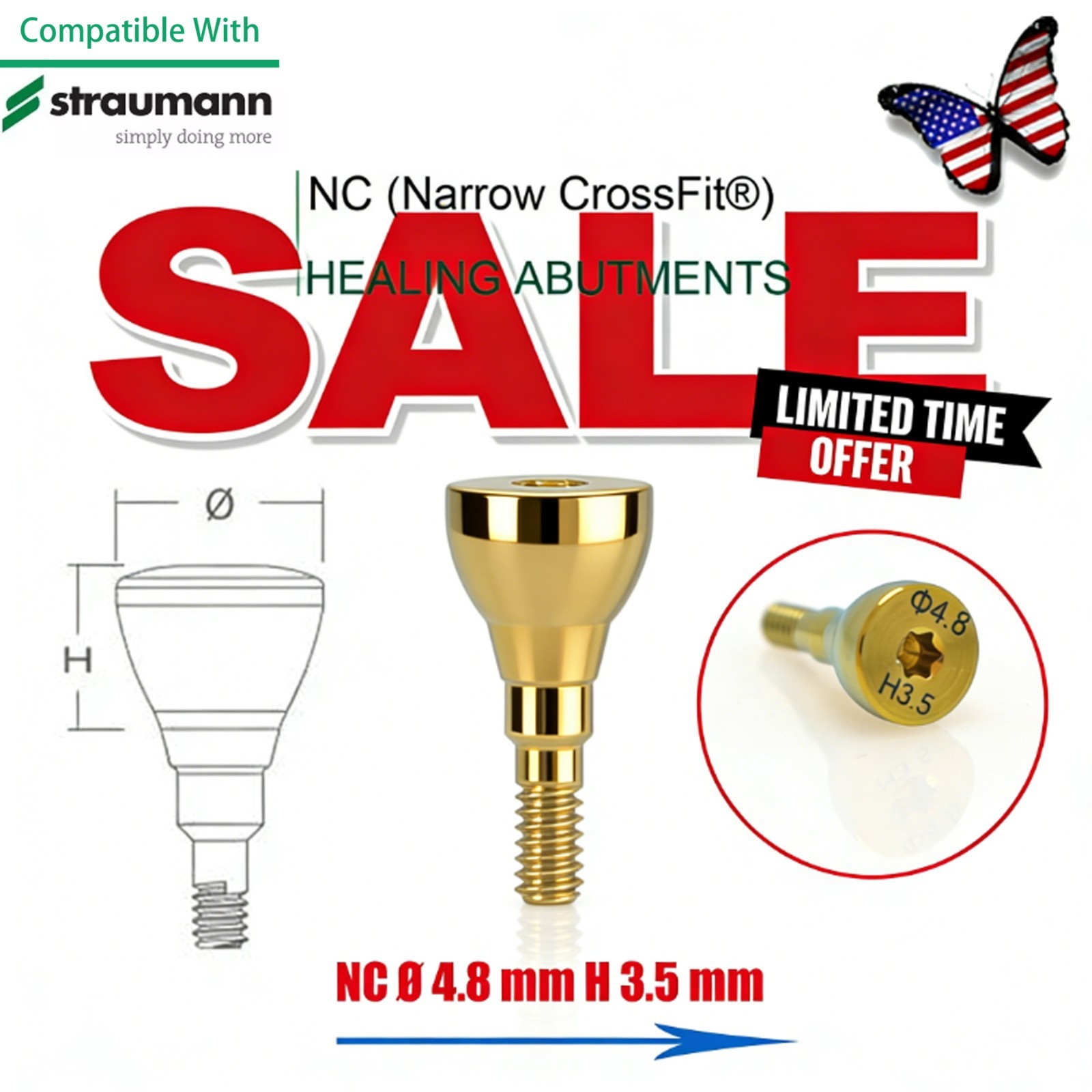 NC Titanium Healing Abutment & Closure Cap Fit Straumann ITI BLT Narrow CrossFit