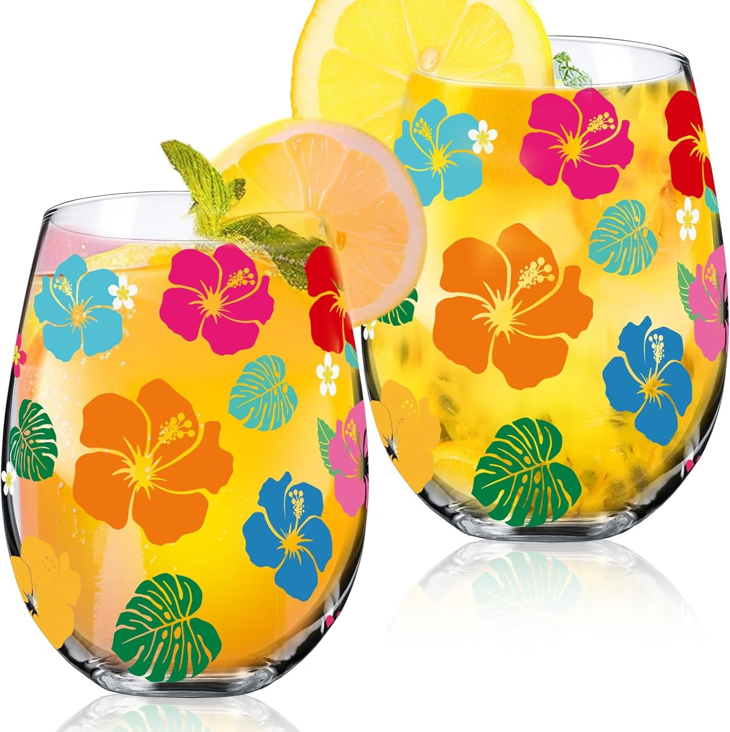 2 Pack 17oz Summer Hawaiian Stemless Wine Glasses Aloha Stemless Wine Glass Luau