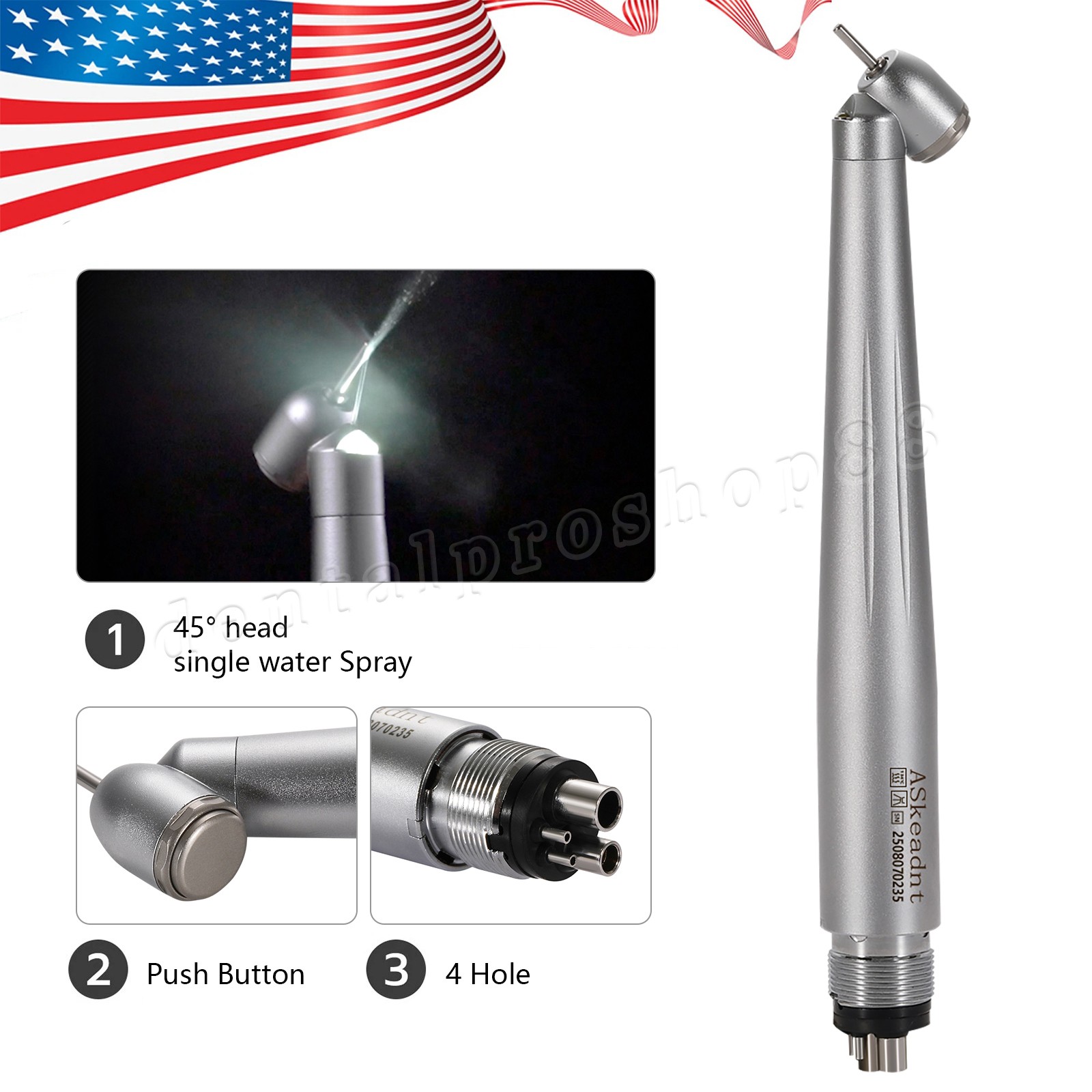 Dental 45 Degree Surgical LED High Speed Handpiece 4 Hole Single water Spray