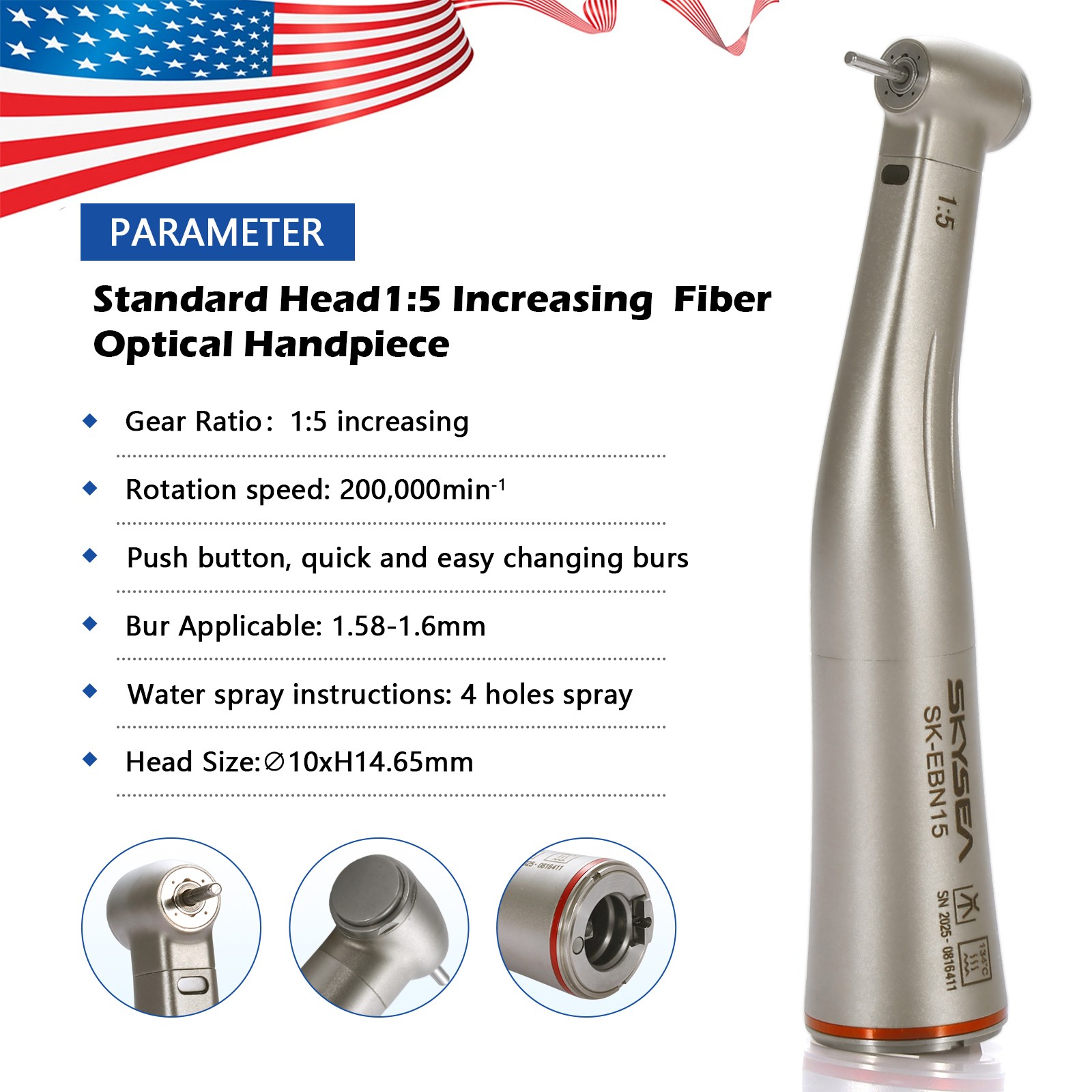 NSK Style Dental 1:5 Optic LED Contra Angle Increasing Handpiece Fit FG Bur SK