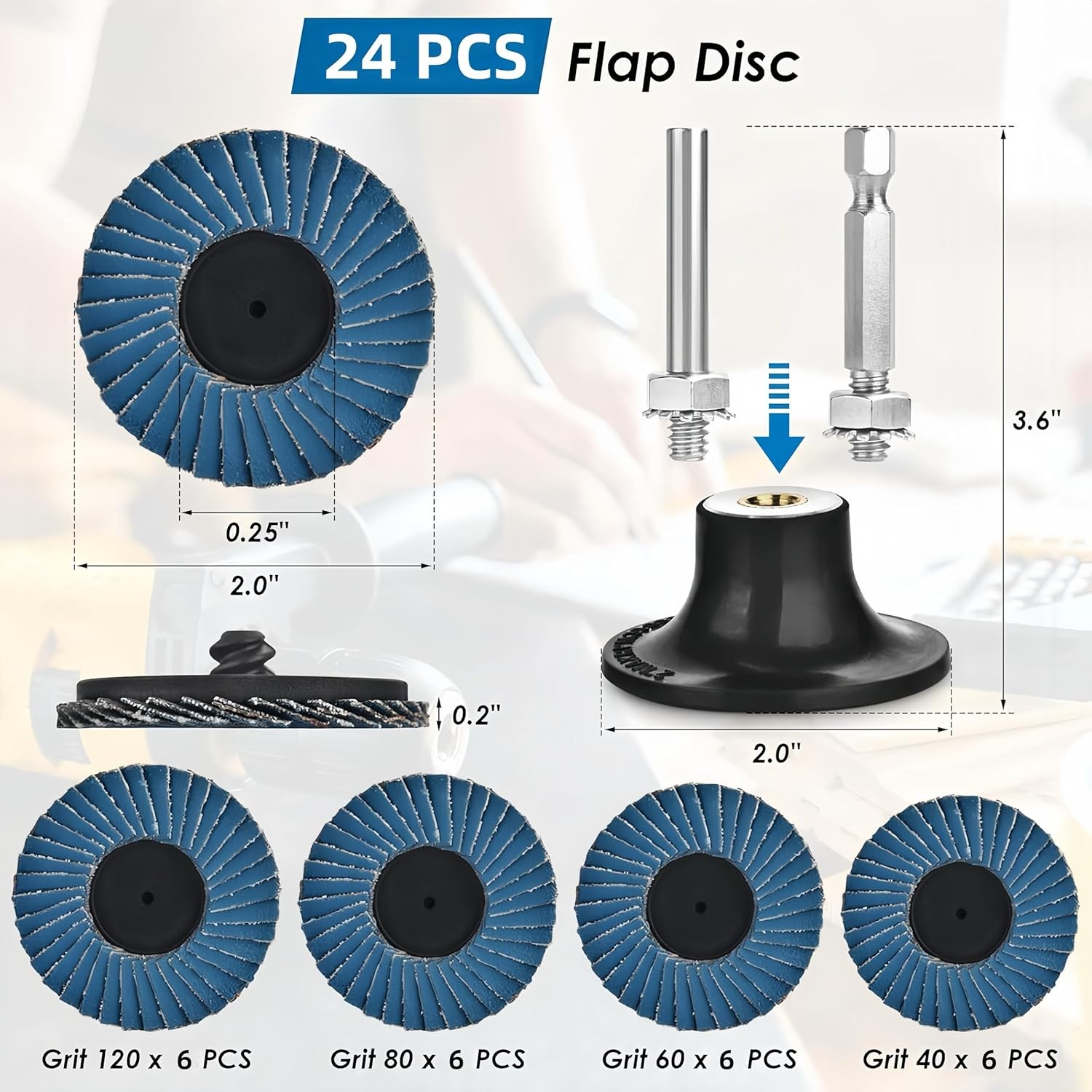 24Pcs 2 Inch Flap Disc Set with 1/4 Inch Shank for Metal Rust Removal