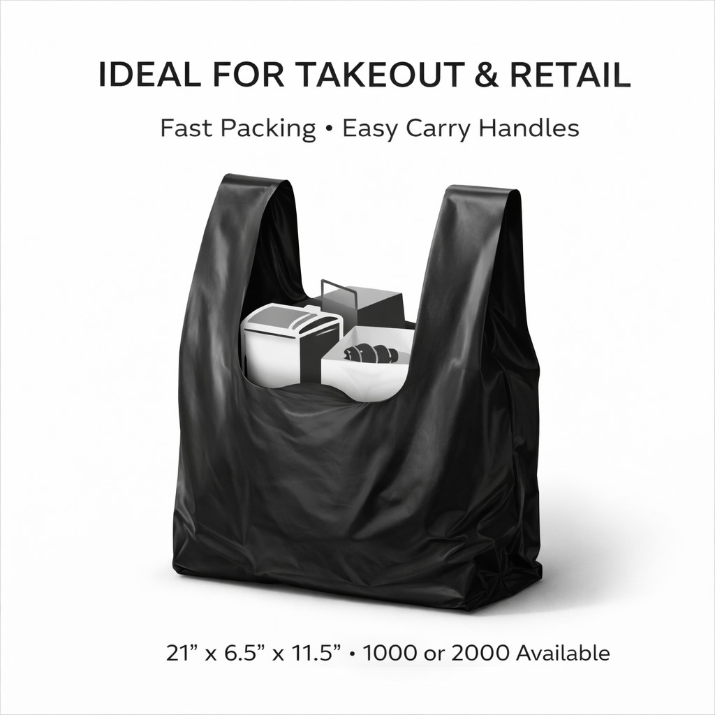 0.67 Mil Medium Duty Black T-Shirt Bags 1/6 Large 21×6.5×11.5 1000 or 2000