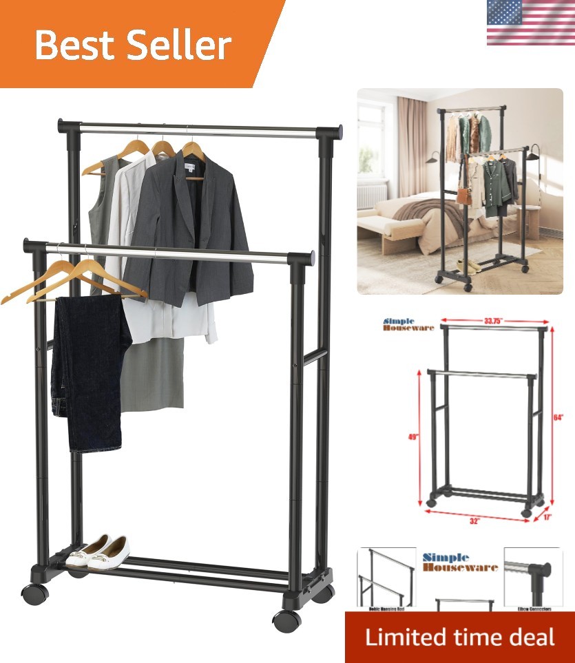 Clothing Garment Rack Double Rod Portable Closet Organizer Steel Black