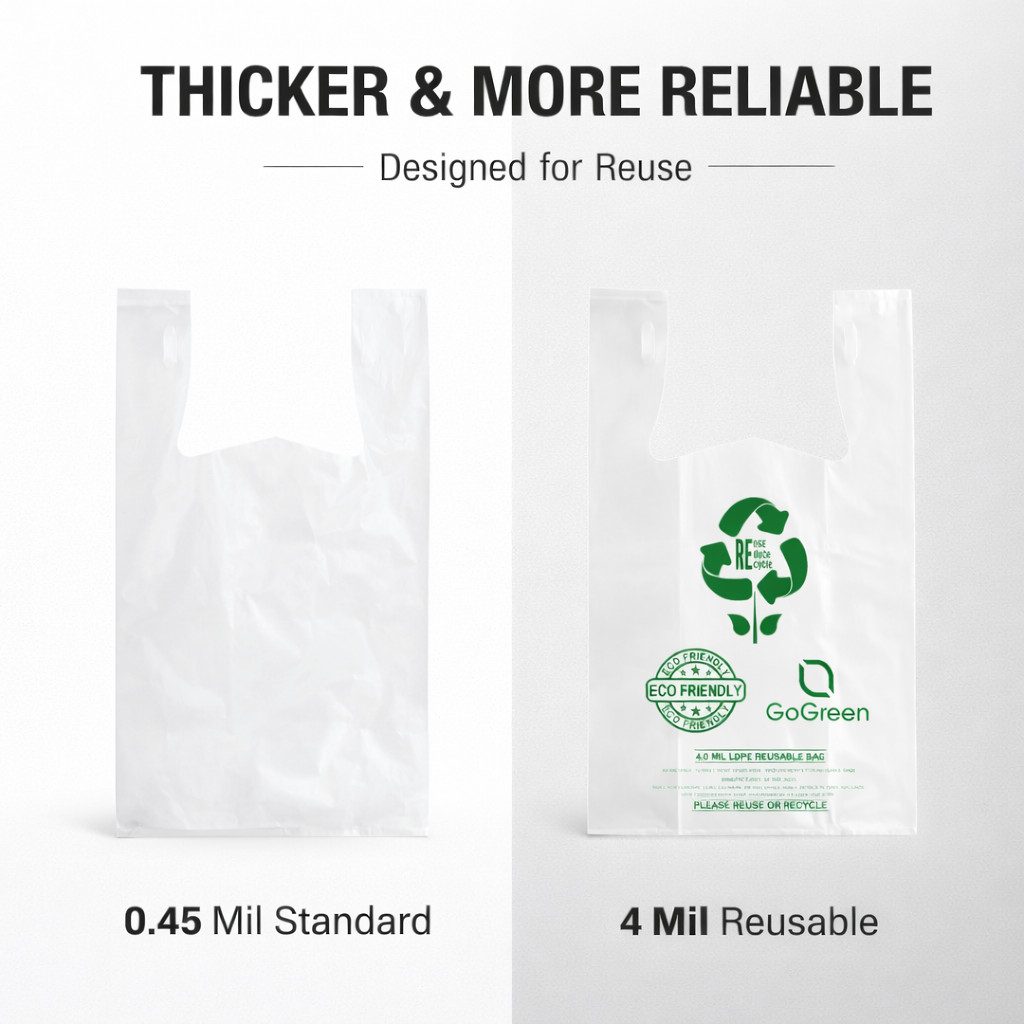 Clear Plastic T-Shirt Grocery Bags 4 Mil Heavy Duty Reusable 1/6 21×6.5×11.5