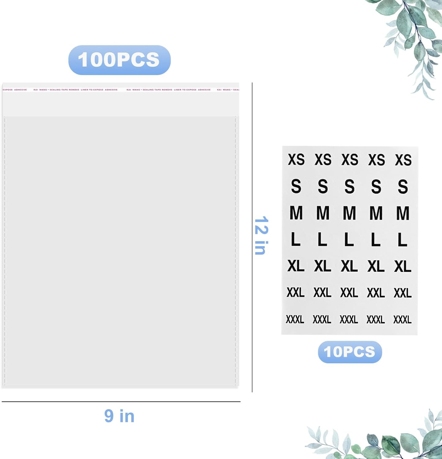 100 Count Clear Poly T Shirt Bags, Cellophane Bags, Self Sealing With 10 Pcs Siz