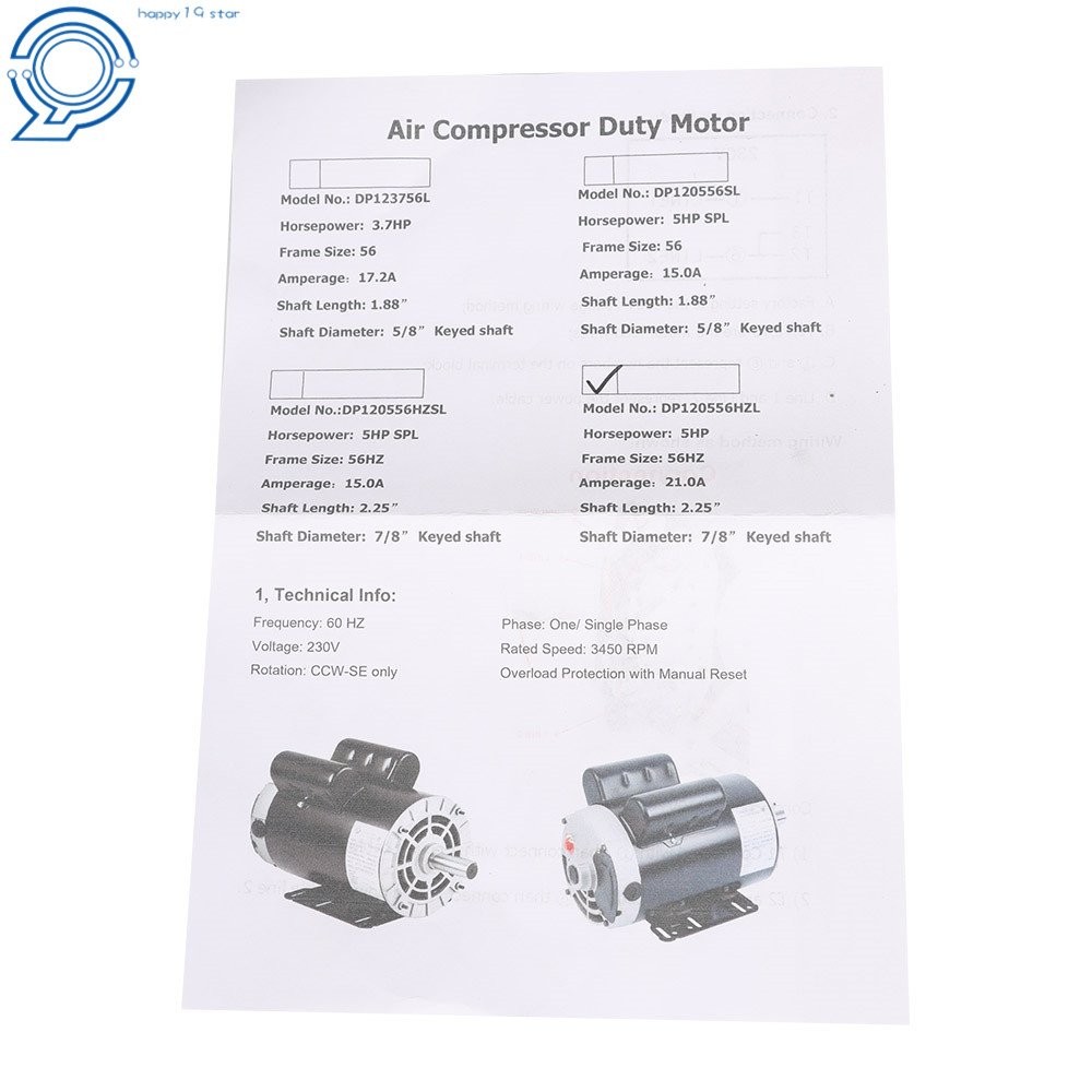 5 HP Compressor Duty Electric Motor 1 Phase 3450 RPM 56Hz Frame 7/8″ Shaft 230V