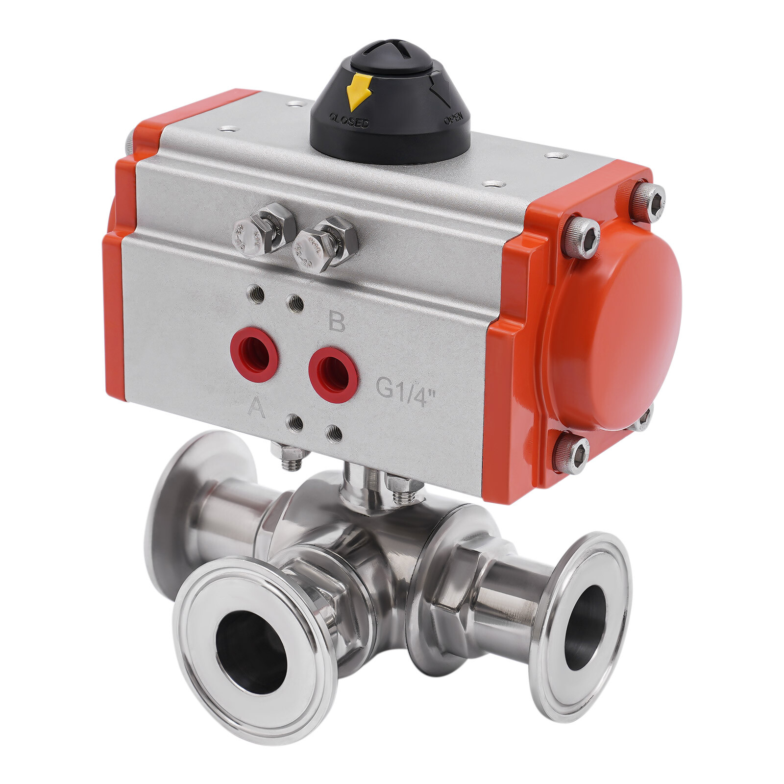 Three way L-port Tri-Clamp Pneumatic Ball Valve 1″ Sanitary Stainless 304 NEW
