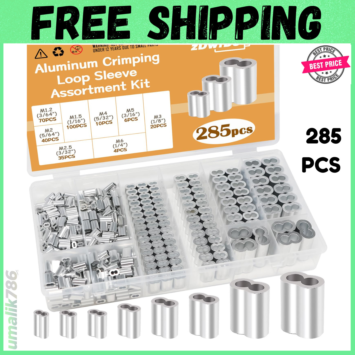 285PCS 8 Sizes Aluminum Crimping Loop Sleeve Cable Crimps, 3/64” 1/16” 5/64”
