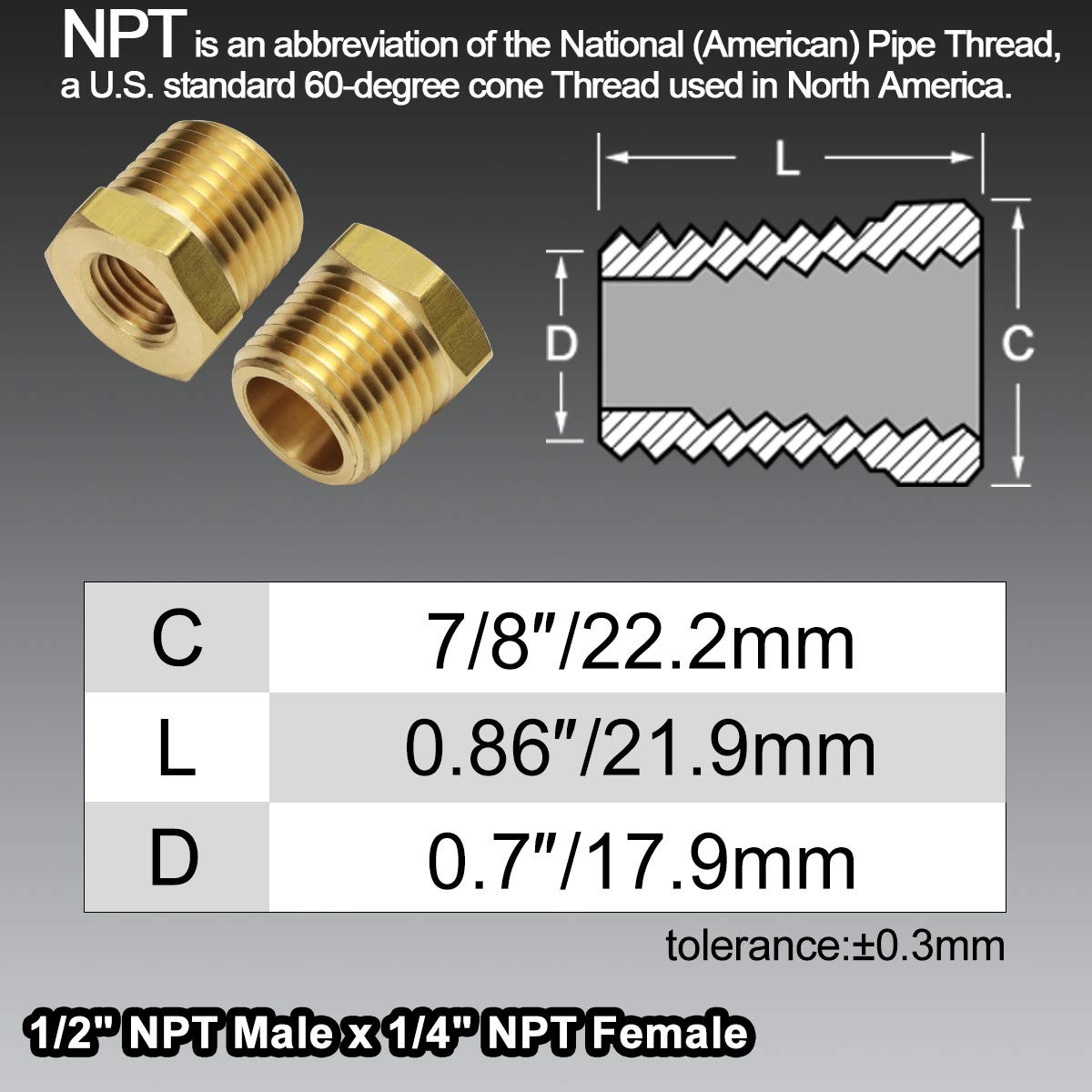 2pcs 1/2 Inch NPT Male to 1/4 Inch NPT Female Reducer Brass Pipe Hose Tube Fi…
