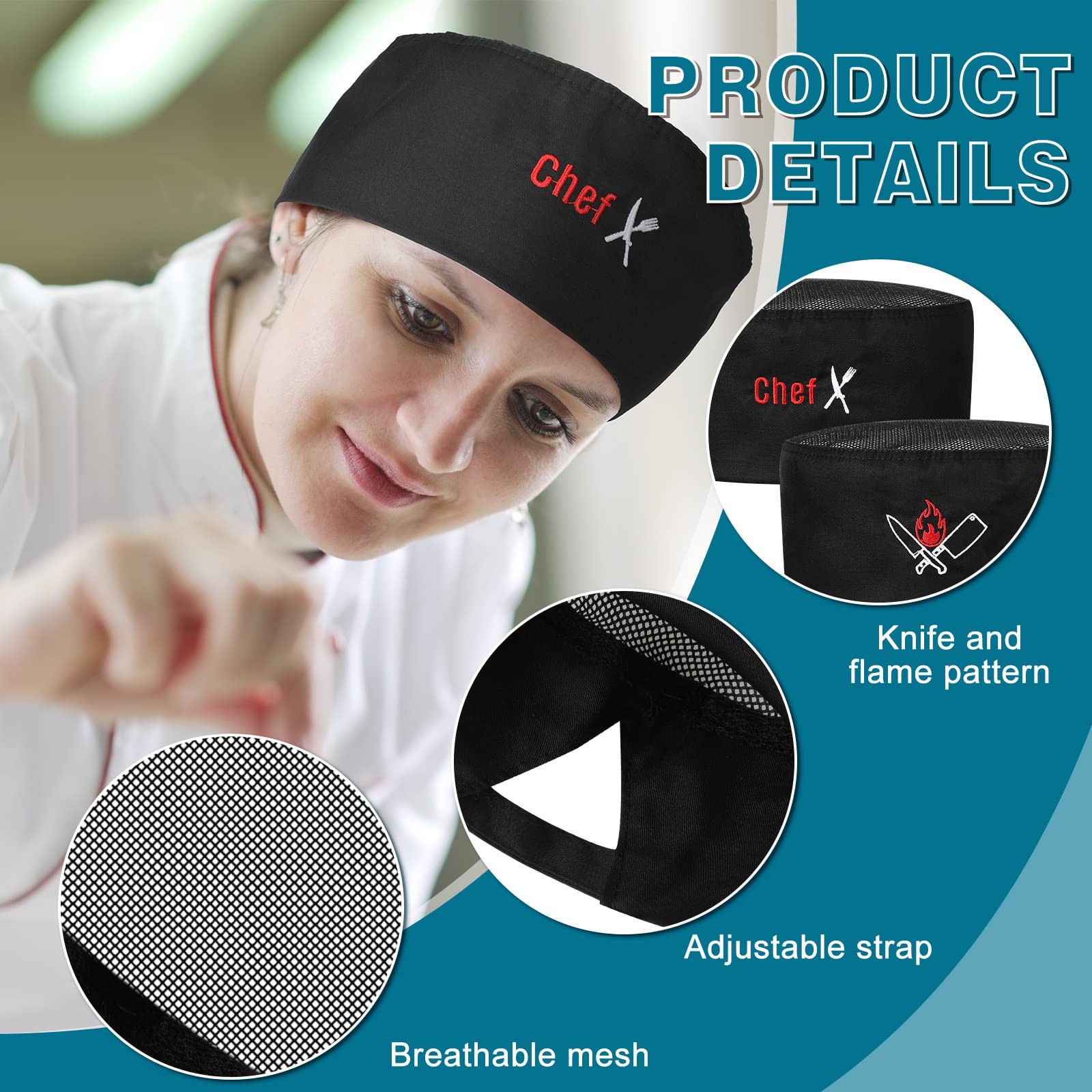 6 Pieces Unisex Chef Hats Adult Black Elastic Kitchen Cooking Baker Caps Skul…
