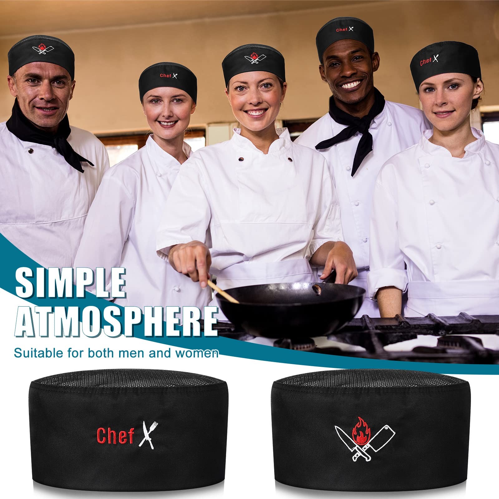 6 Pieces Unisex Chef Hats Adult Black Elastic Kitchen Cooking Baker Caps Skul…