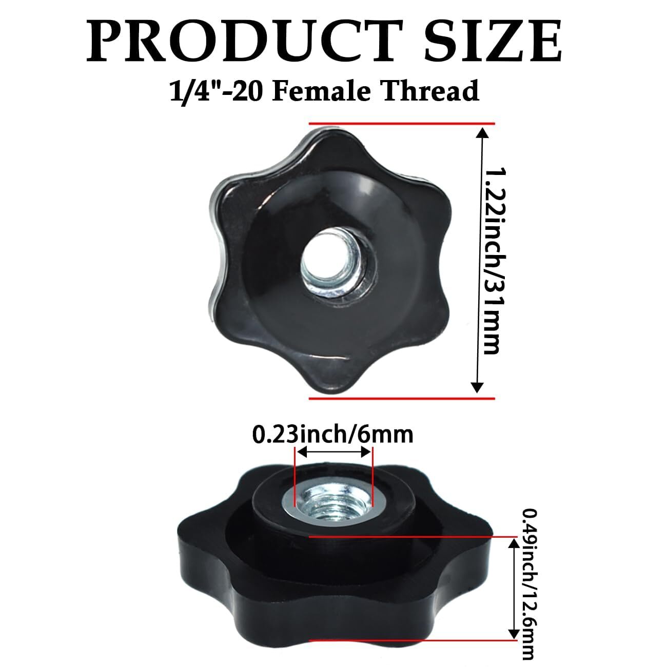 4 Pcs 1/4″-20 Inch Knob Black Nylon Screw-On Type Thru Threaded Knob Nuts 6-Star