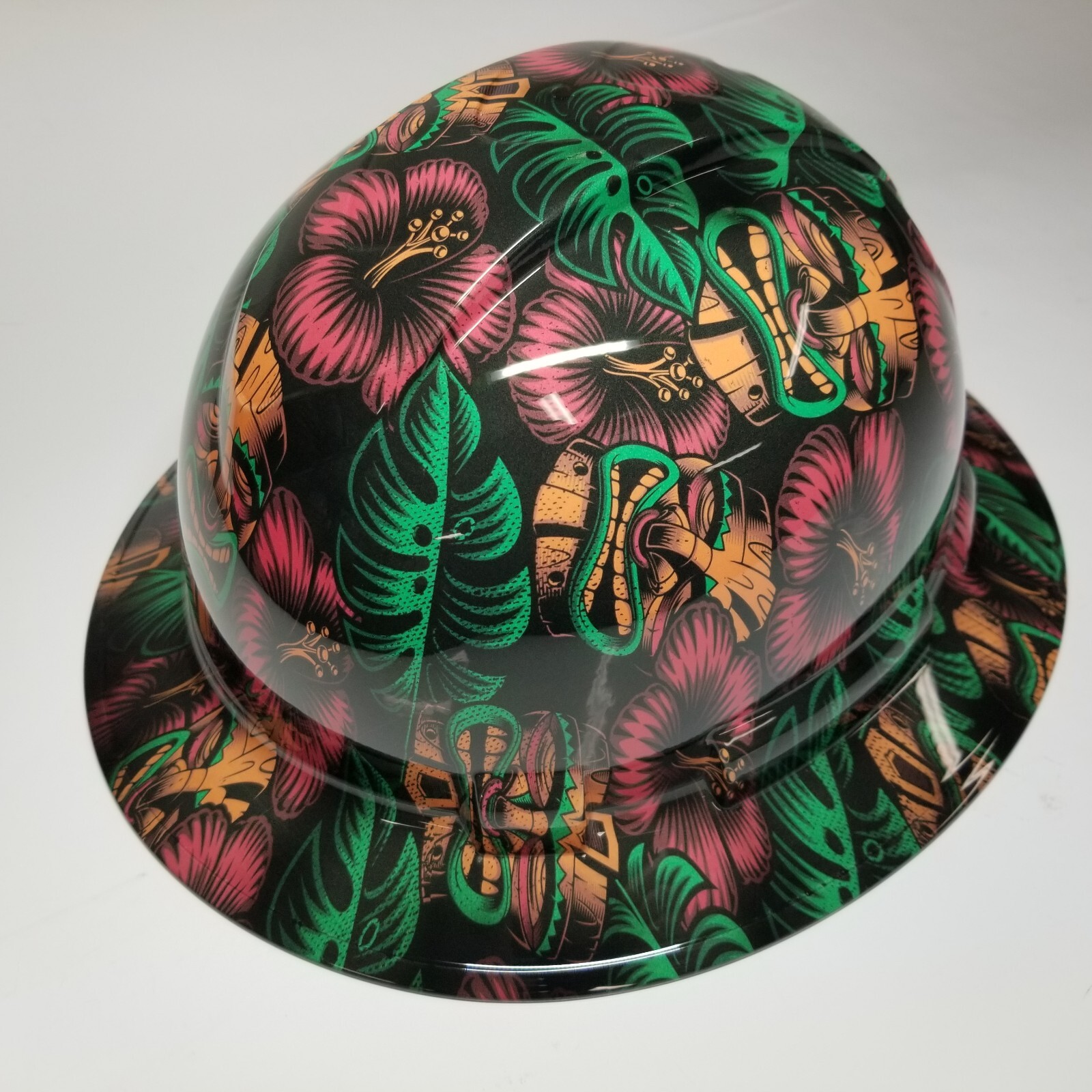 full brim hard hat custom hydro dipped IN TIKI MASKS ,POLYNESIAN HAWAIIAN ALOHA