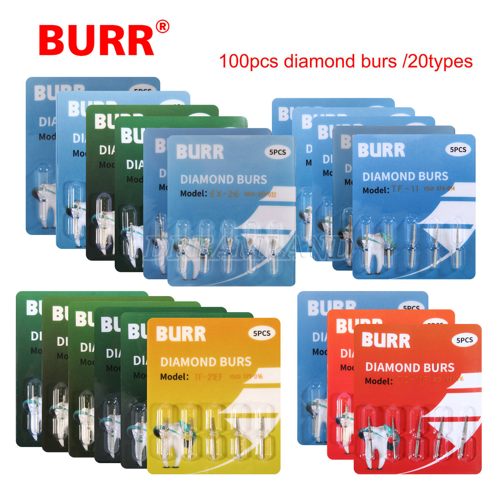 100pcs Diamond Burs Fit Dental High Speed Handpiece FG 1.6mm 20 Types