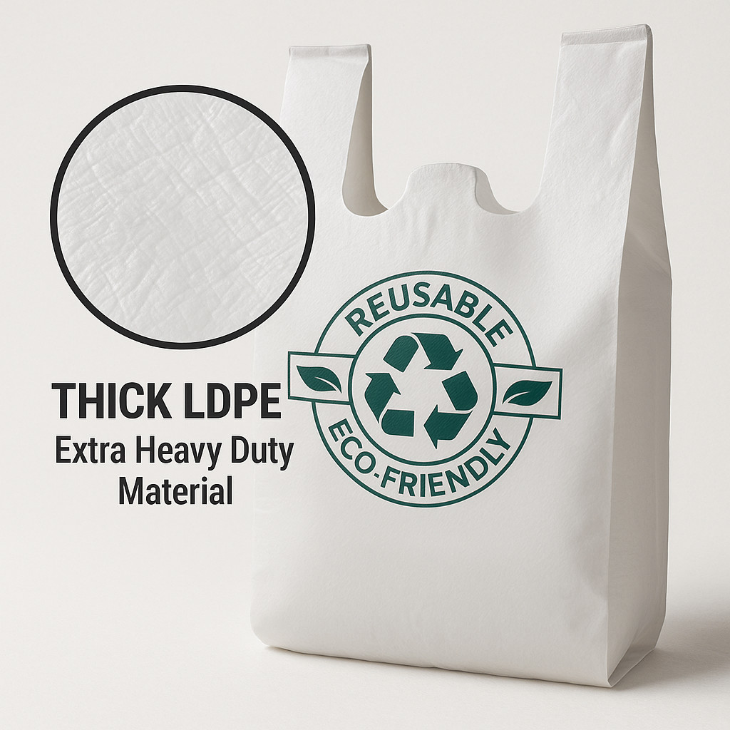 1/6 Size 2.25 Mil White 21×6.5×11.5 Reusable Extra HeavyDuty Plastic TShirt Bag