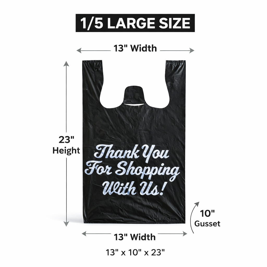 Large Size Black “Thank You” Script Heavy-Duty Plastic T-Shirt Bag 13″x23″x10″