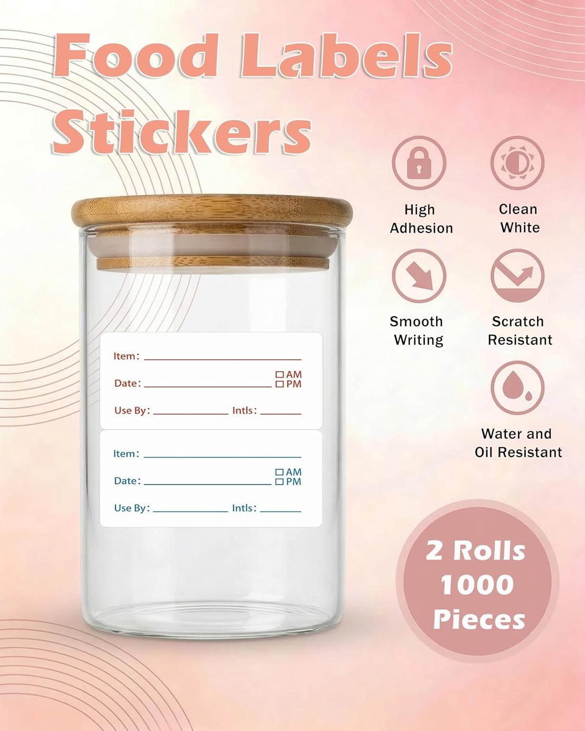 2 Rolls 1000 Pieces Removable Food Labels, 1 X 2 Inch Date Stickers for Freezer,