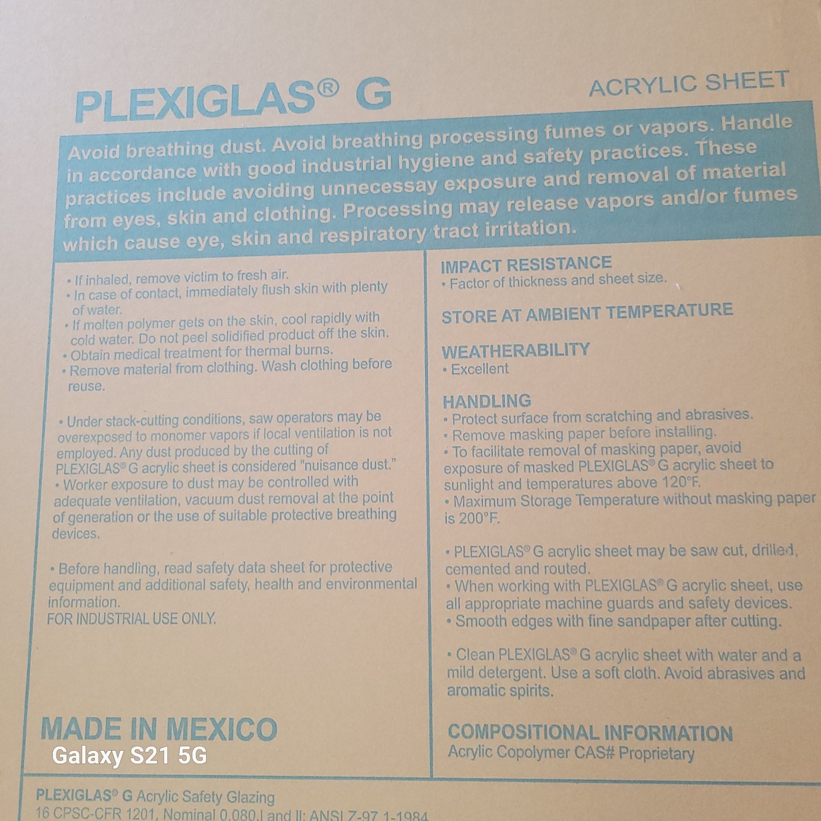 Plexiglas1-1/4” thick 37″ X 61″ Acrylic sheet, plexiglass