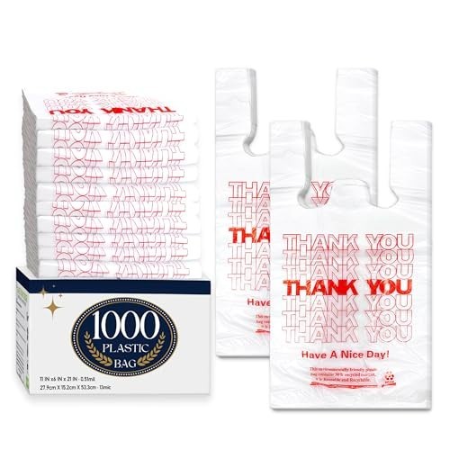 1000 Pack White Thank You T-Shirt Bags with Handles – 11″x6″x21″ Plastic Grocery
