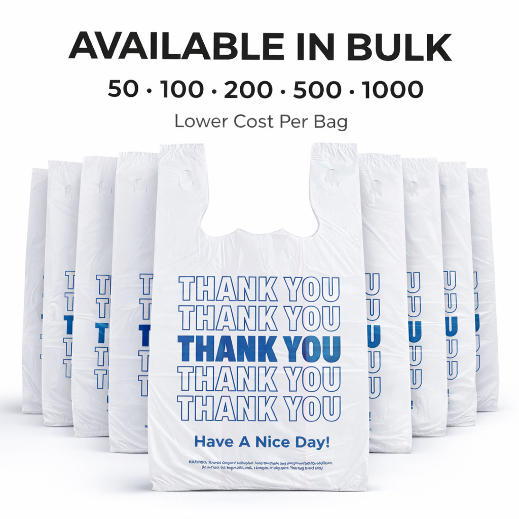 Bags 1/6 Large 21 x 6.5 x 11.5 White THANK YOU T-Shirt Plastic Shopping Grocery
