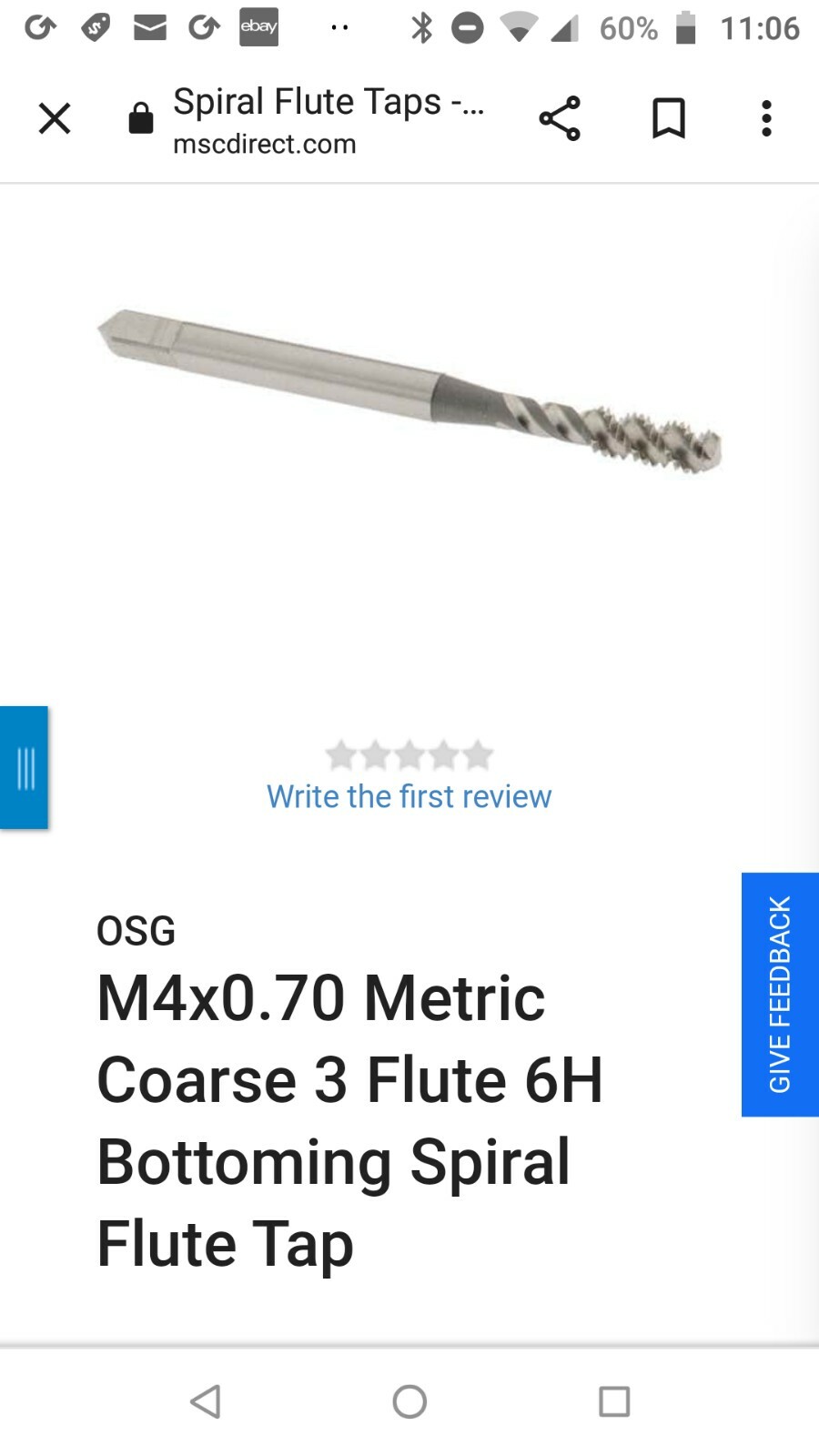 OSG M4X0.70 GD4 HSS USA 3 FLUTE SPIRAL BOTTOMING HAND TAP METRIC