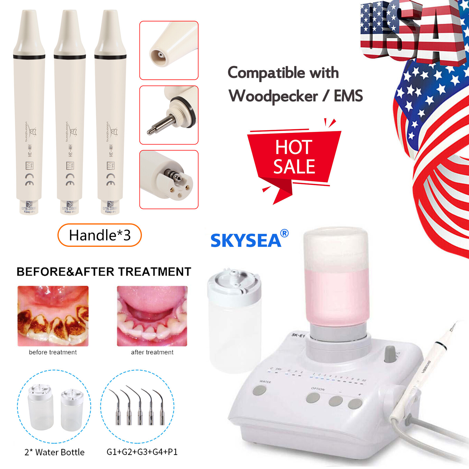 For Cavitron Dental Ultrasonic Scaler fit EMS Woodpecker+4*Handpiece+ Bottles US