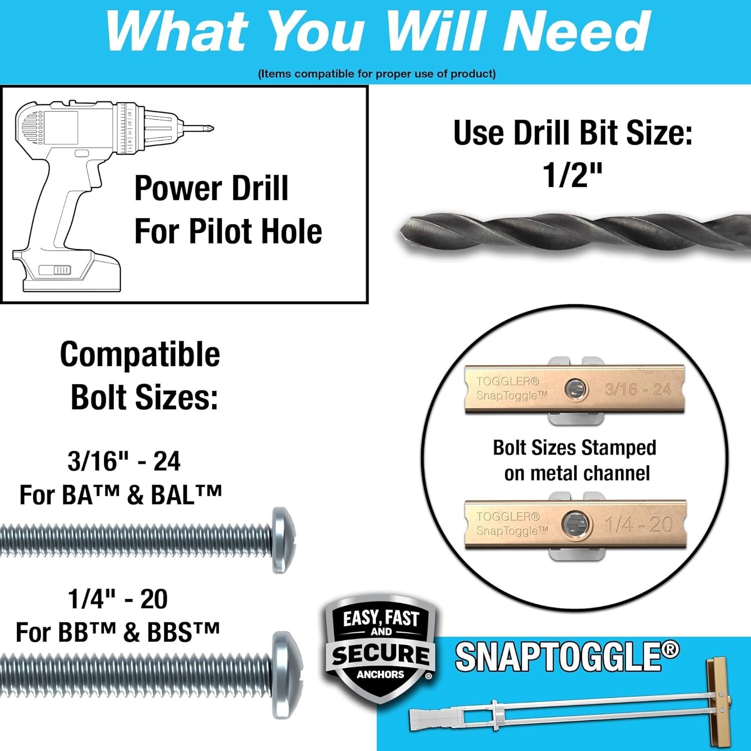 TOG1087 Toggler 24200 1/4″ x 20″ Wall Anchors with Bolts (Box of 100)