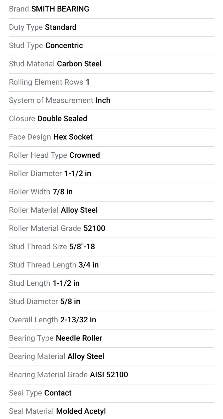 SMITH BEARING CR-1-1/2-XBC Cam Follower,1 1/2 in Dia,Std,Dbl Sealed 11Y095