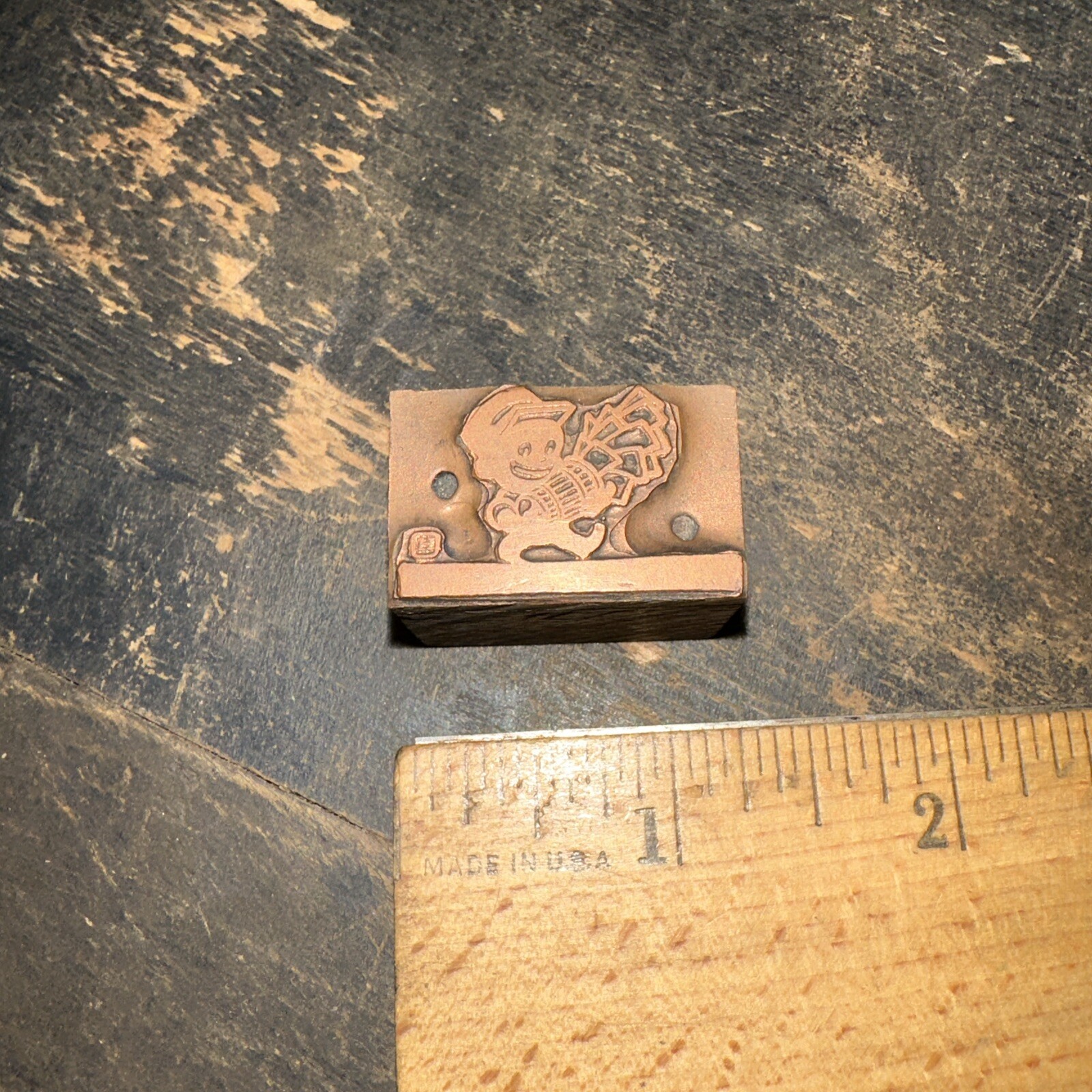 Printing Block “ smiling man carrying basket with paper or money?” Copper Face