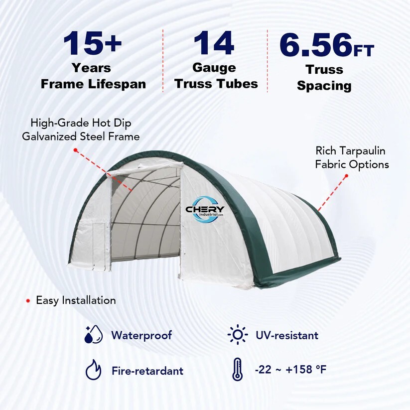 30’x40’x15′ Single Truss Arch Storage Shelter| 15OZ PVC Canvas W/Man Door