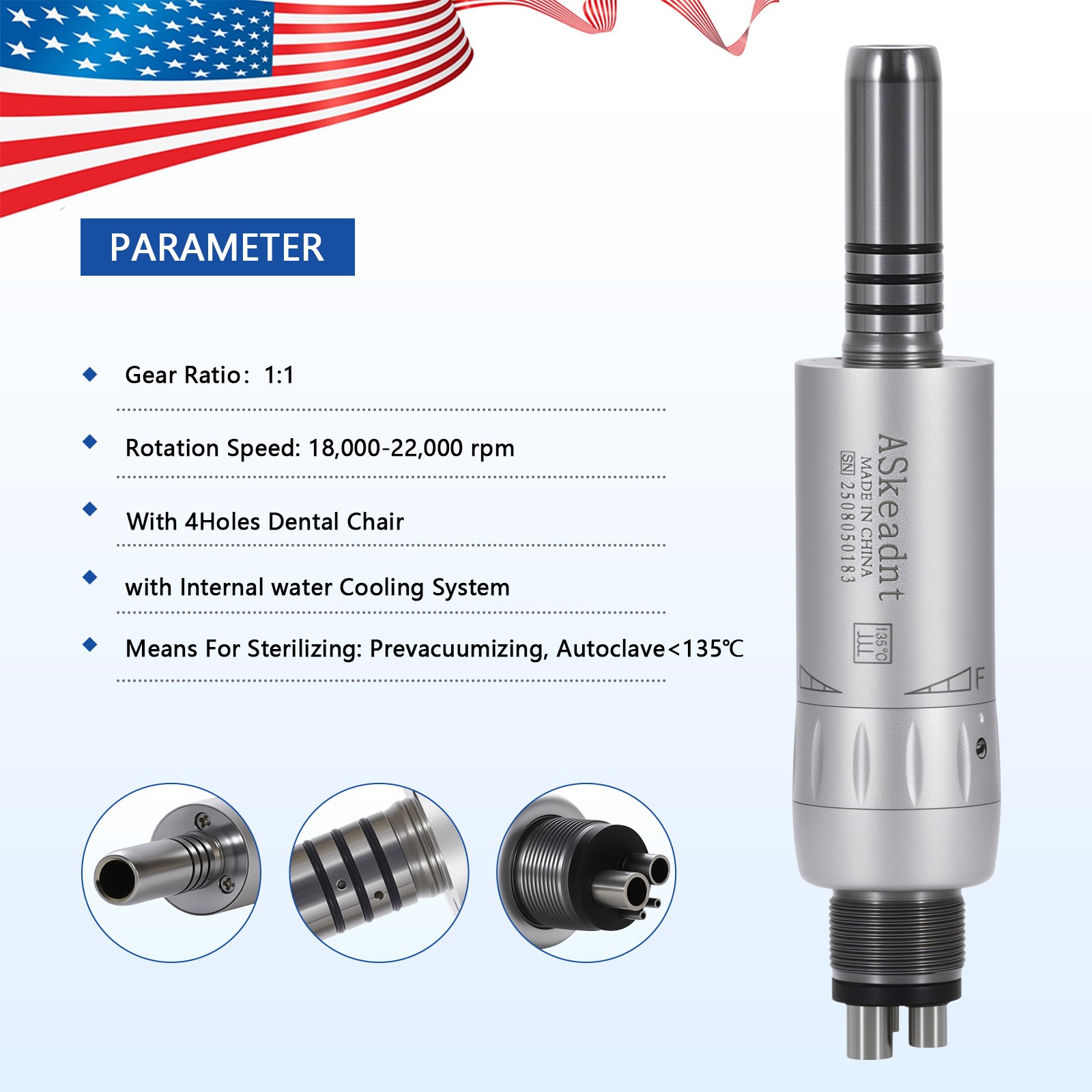 1-10*ASkeadnt Dental Low Speed E-type Air Motor Handpiece 4 Hole Inner channel