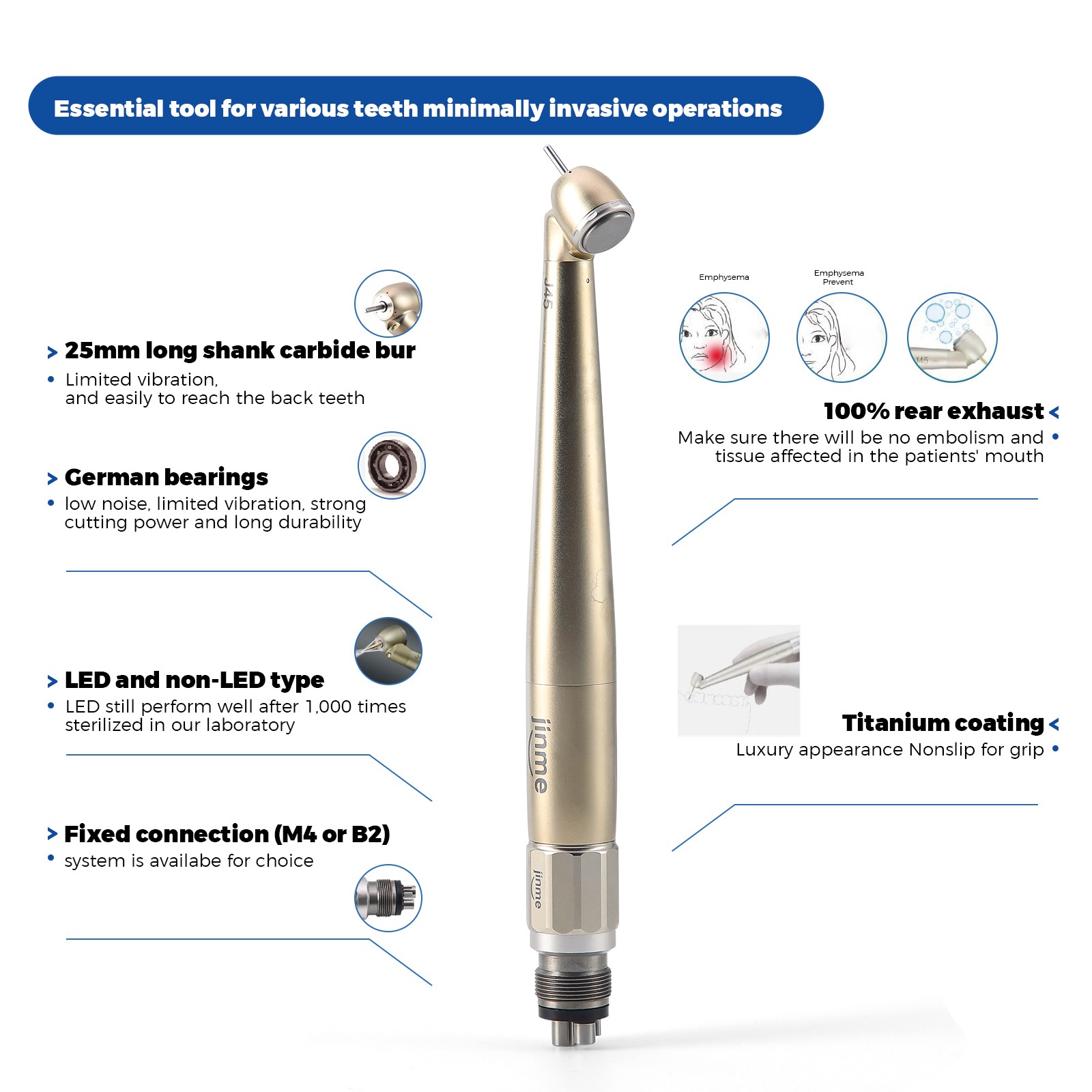 Jinme Dental 45° LED High Speed Dental Air Turbine Handpiece 4Hole Generator