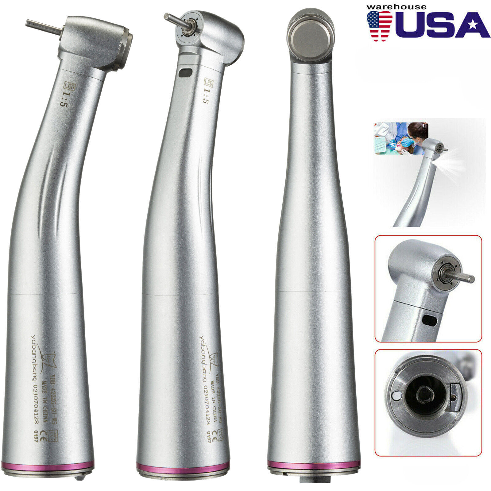 NSK Ti-MAX X95L Style Dental 1:5 LED Fiber Optic Contra Angle Handpiece Red Ring