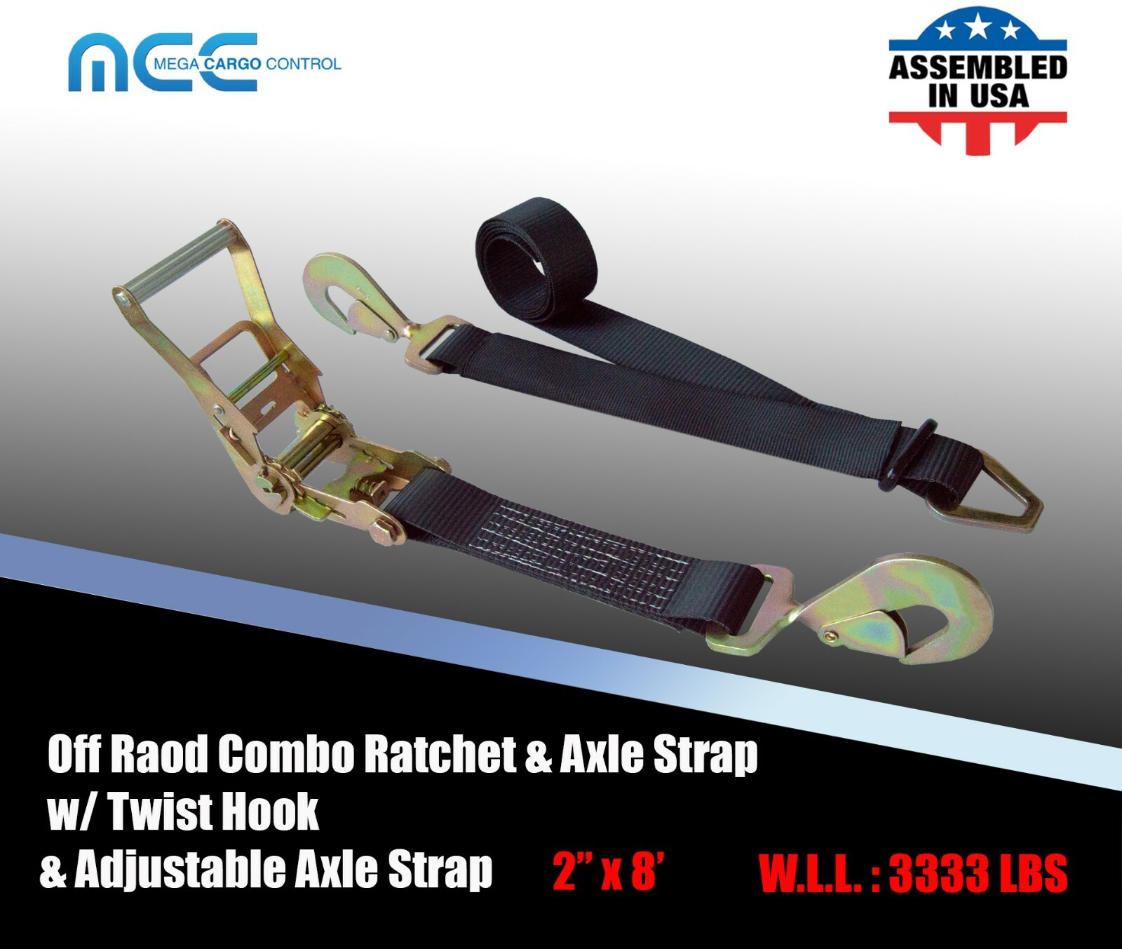 USA 2″ x 8′ Axle Strap Car Trailer Hauler Ratchet Tie Down Strap w/ Snap Hook