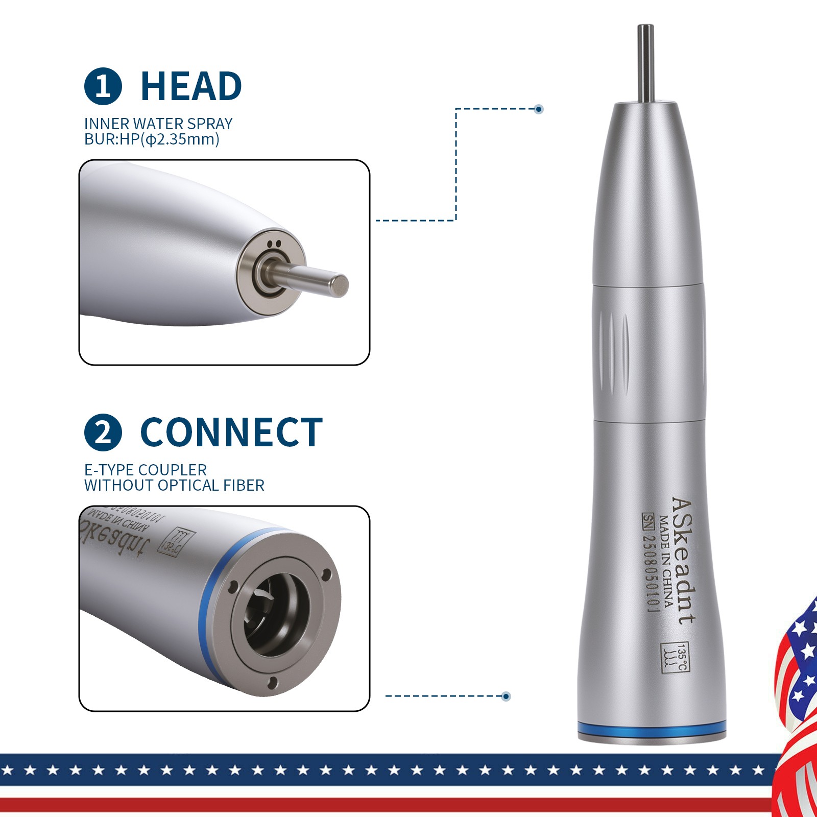 1-10 Dental Internal Water Spray Straight Nosecone Low Speed Handpiece ASkeadnt