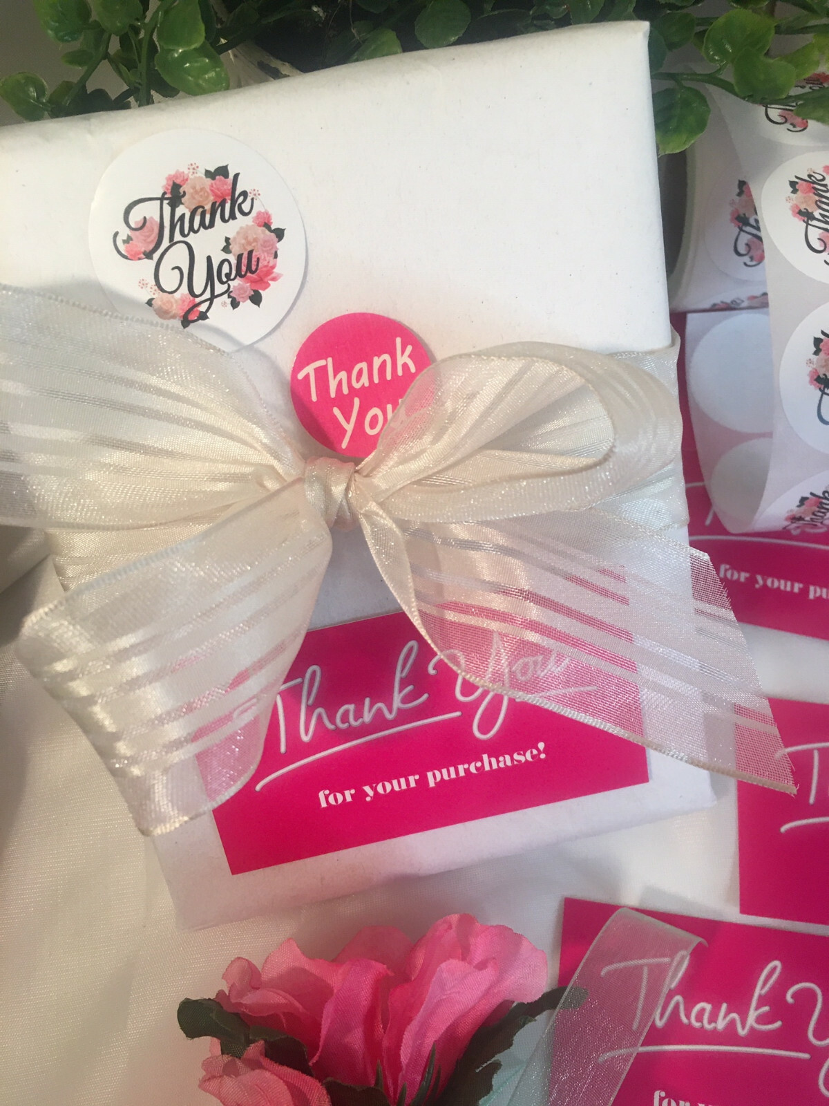 150 pcs Thank You Business Cards, Thank You Stickers, Hot Pink, Floral