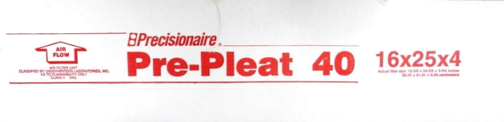 PRECISIONAIRE, PRE-PLEAT 40, AIR FILTER, 16 X 25 X 4, MERV 8, BOX OF 6