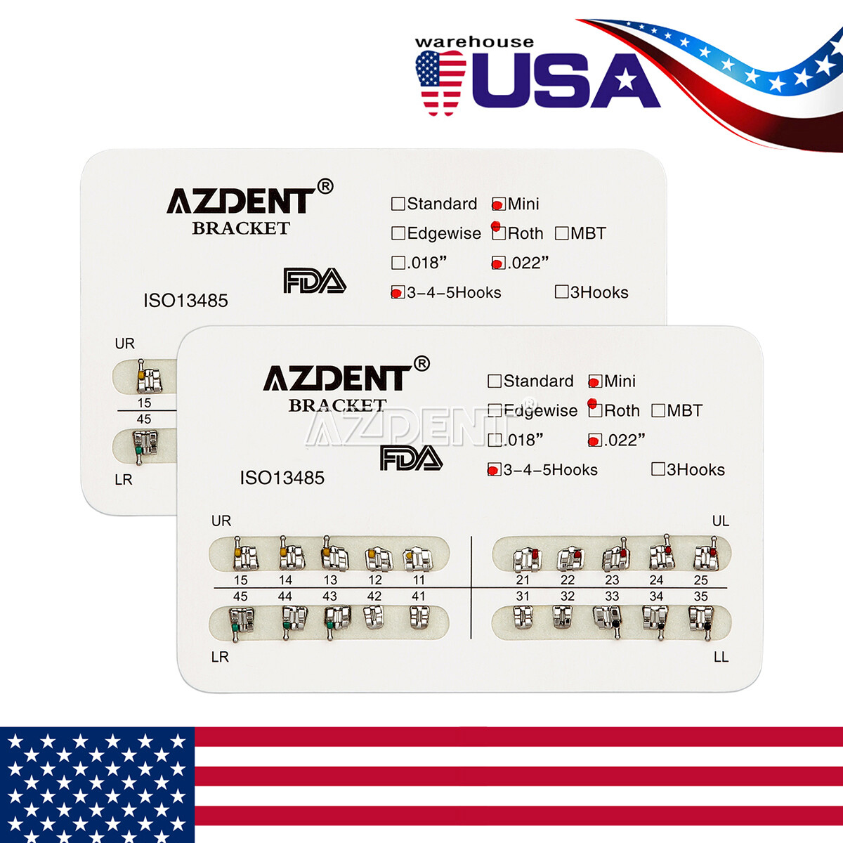 AZDENT Dental Orthodontic Brackets Braces Metal Mini Roth/MBT .022 Hooks 345