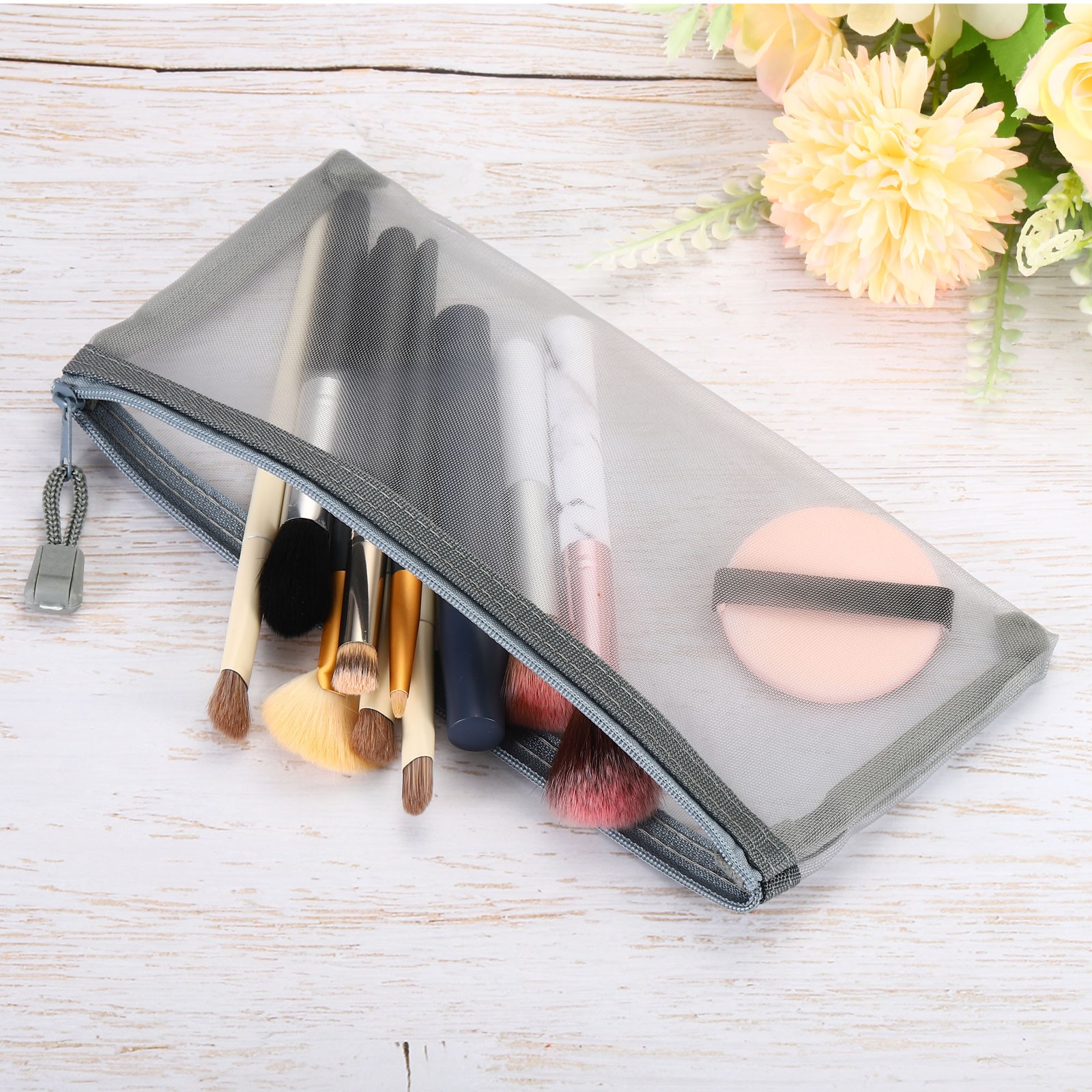 4Pcs Mesh Zipper Bags, B6 Travel Cases Nylon Makeup Pouches, Gray