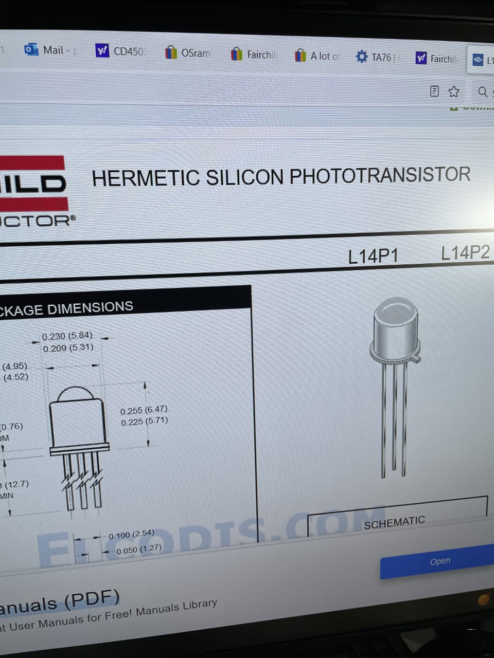 A lot of FIVE (5) Fairchild L14P2 Hermetic Silicon Phototransistors, TO-18