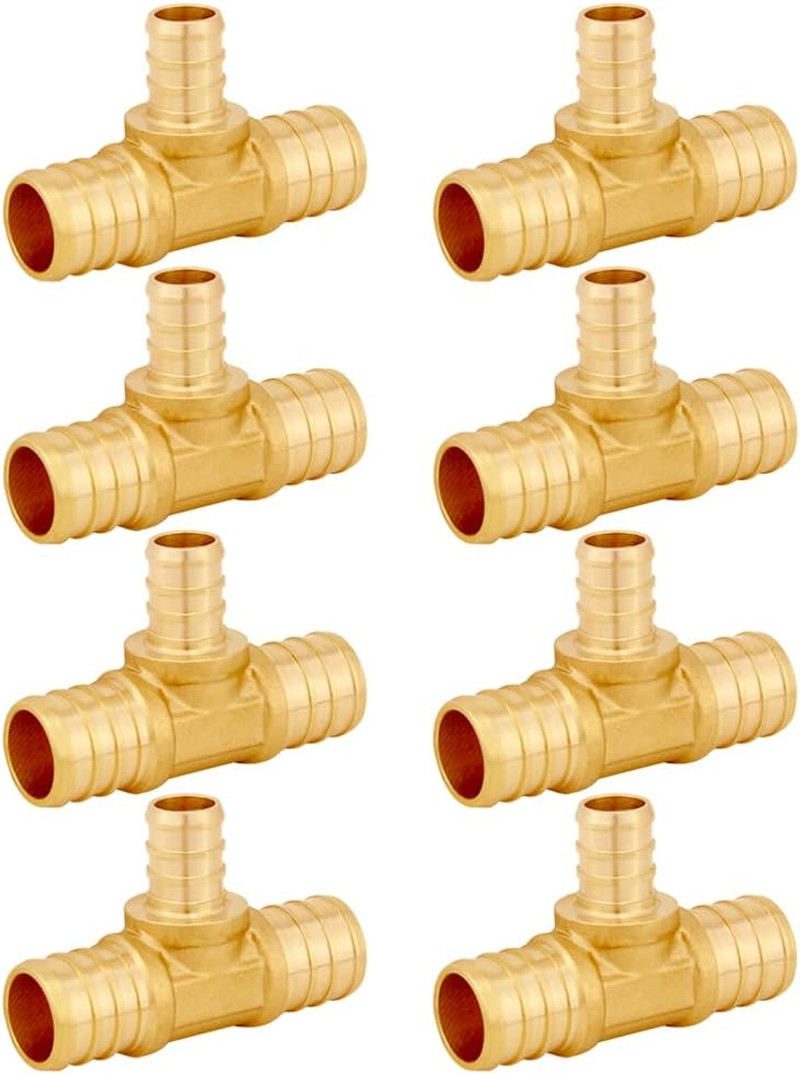 Uenede 8PCS LF Brass 3/4 to 1/2 to 3/4 Inch PEX Tee Reducer 3 Way Coupling Barb