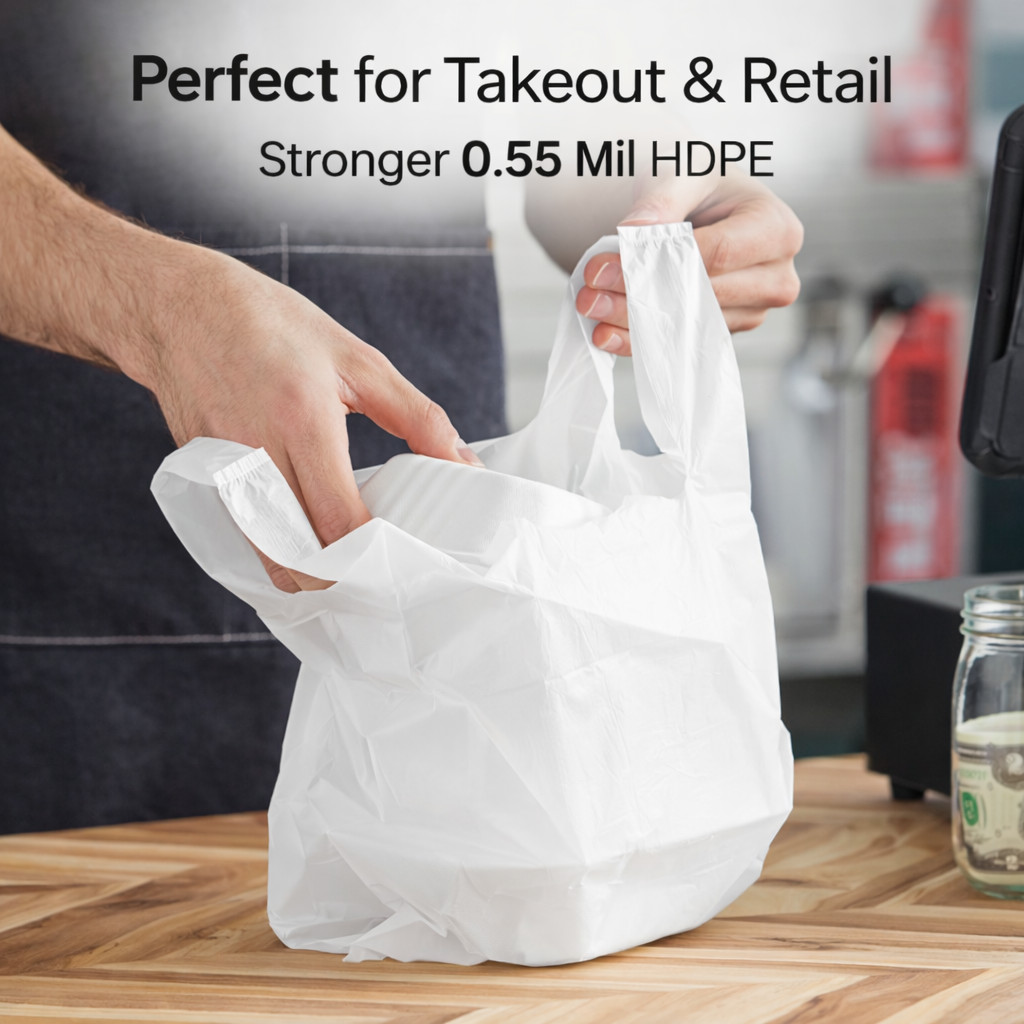 Bags 1/10 Small 8 x 4 x 15 0.55 MIL White T-Shirt Plastic Grocery Shopping Bags