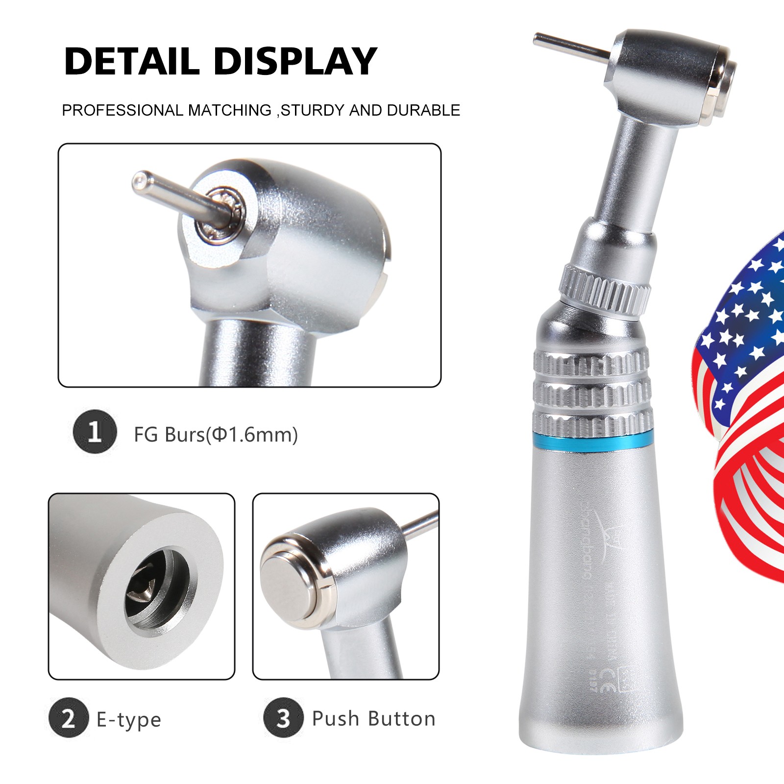NSK Style Dental Low Speed Contra Angle Handpiece Push Button Fit FG1.6MM Burs