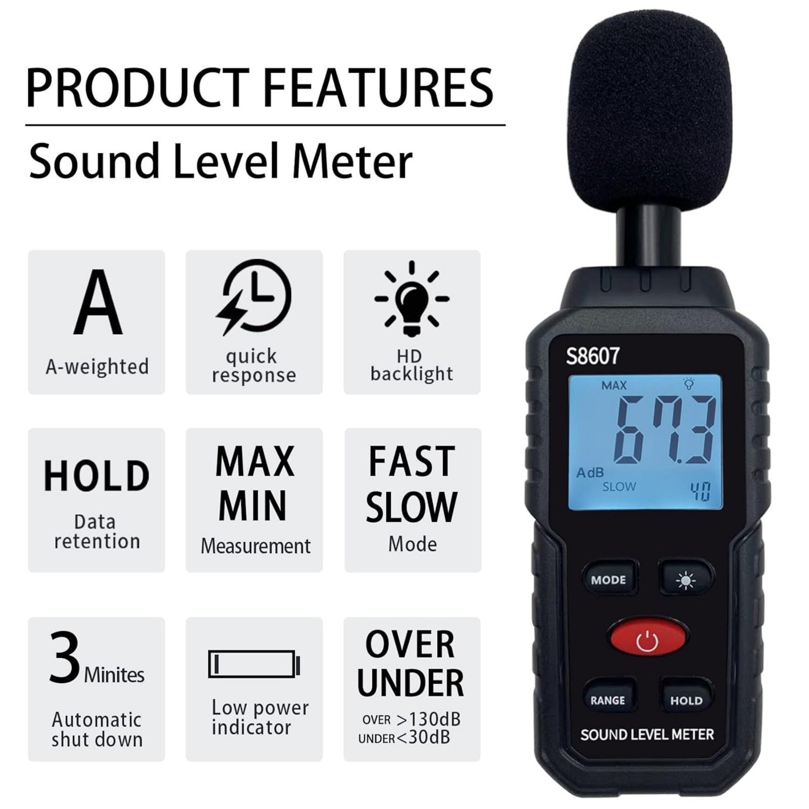 Audio Noise Level Meter 30-130dB Sound Tester for Factory Workshop Home Office
