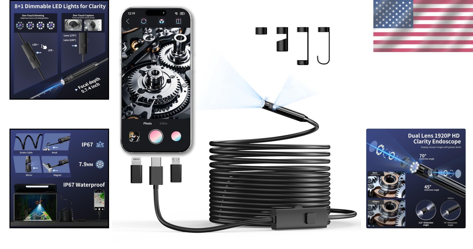 High Compatibility Endoscope Camera, 8 Adjustable LEDs