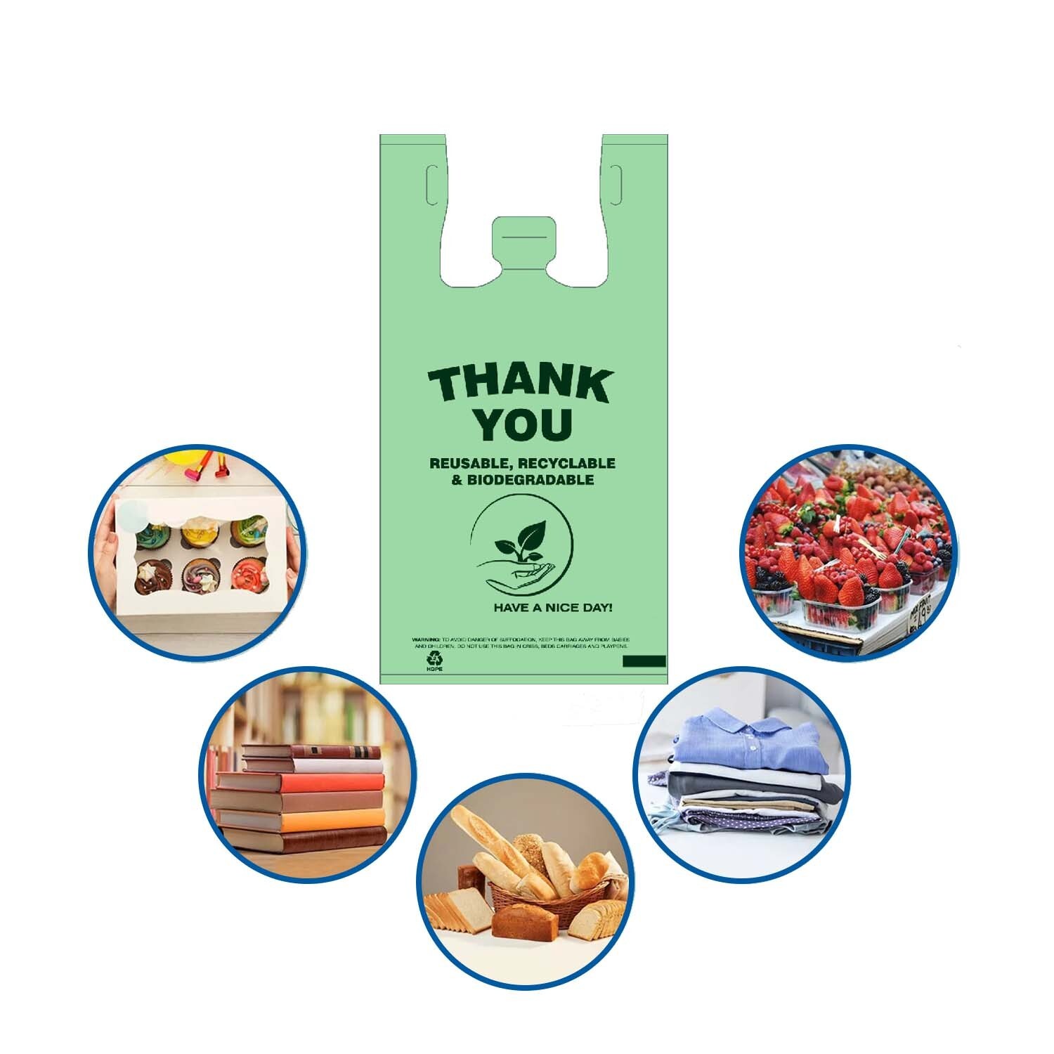 Biodegradable Thank You Carry-Out Bags 11.5×6.5×22 Shopping Bags T-Shirt Bags