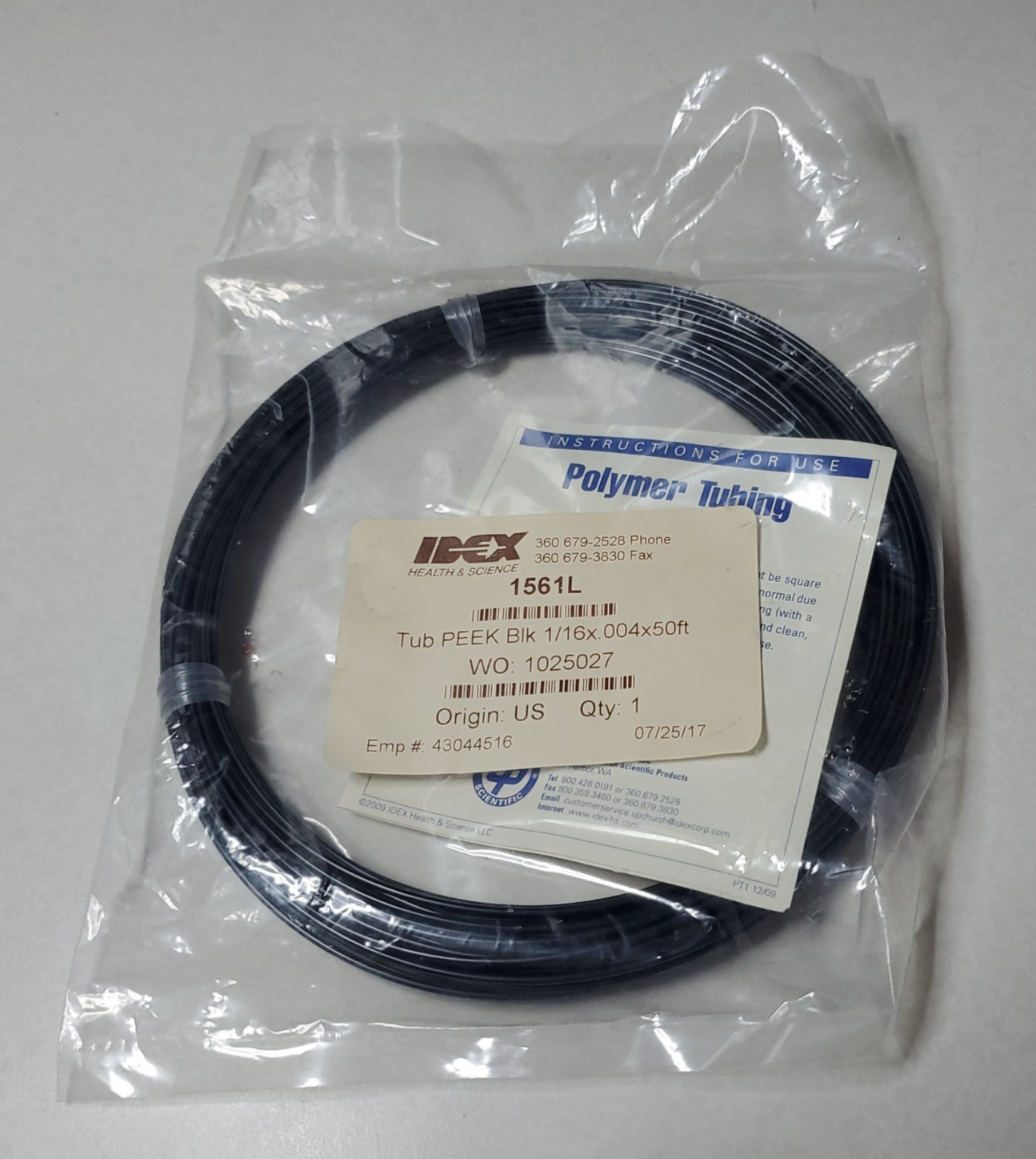 IDEX 1561L PEEK Chromatography Tubing – 1/16″ OD × 0.004″ ID, 50 ft, Black