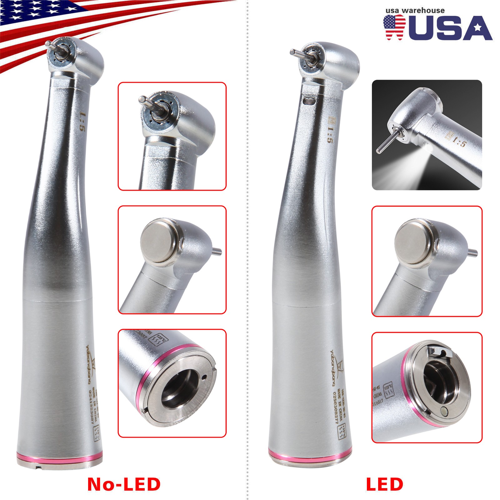 Dental 1:5 Increasing Contra Angle LED Optic Handpiece For NSK Electric Motor KV