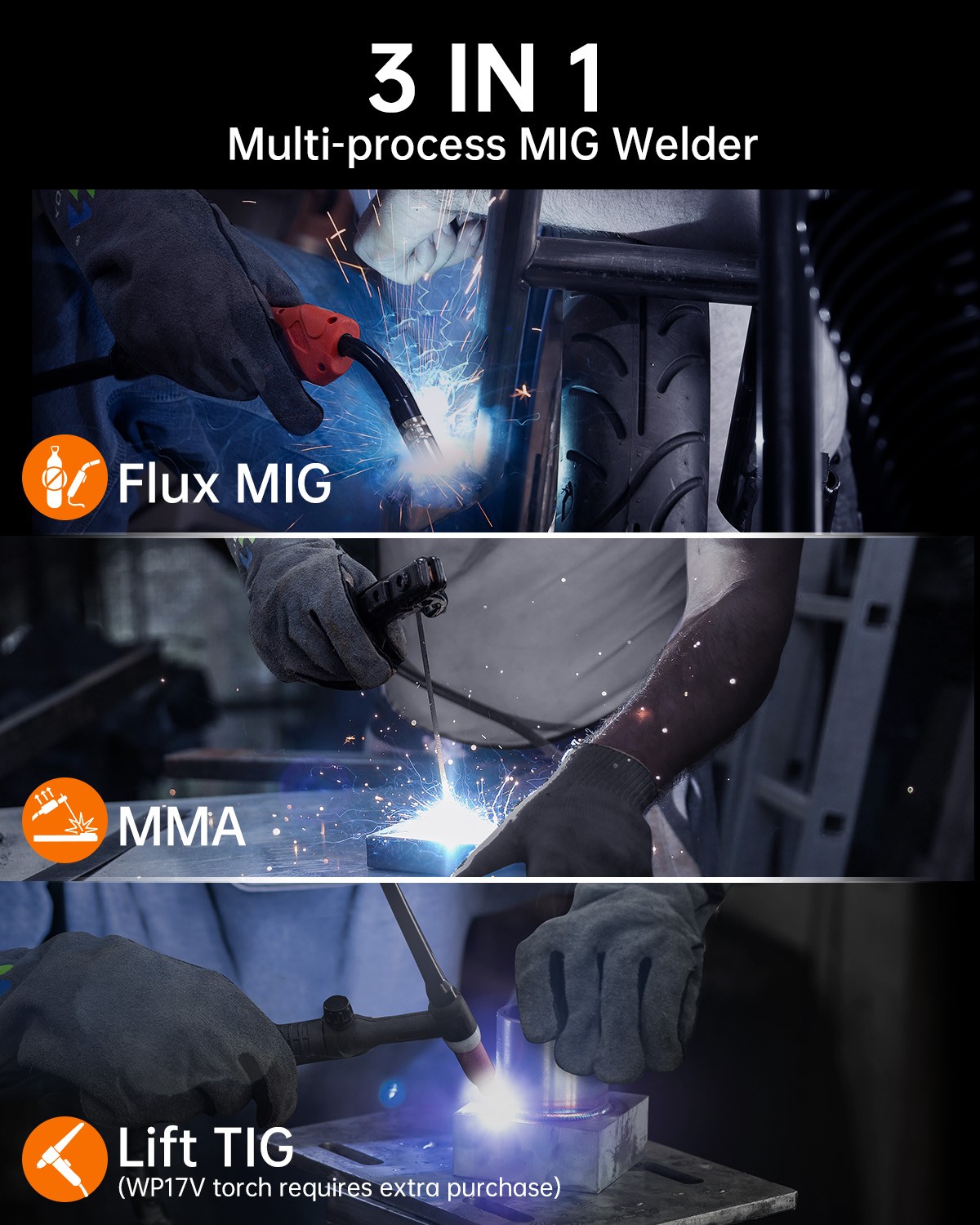 200A 110V/220V Gasless MIG Flux Core ARC/Lift TIG/MMA Welder &TIG Torch Home DIY